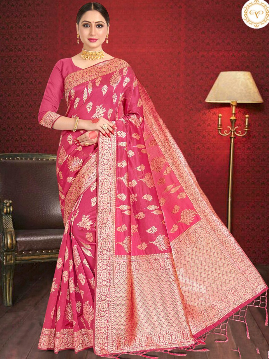 

Vardha Floral Woven Design Zari Banarasi Saree, Pink