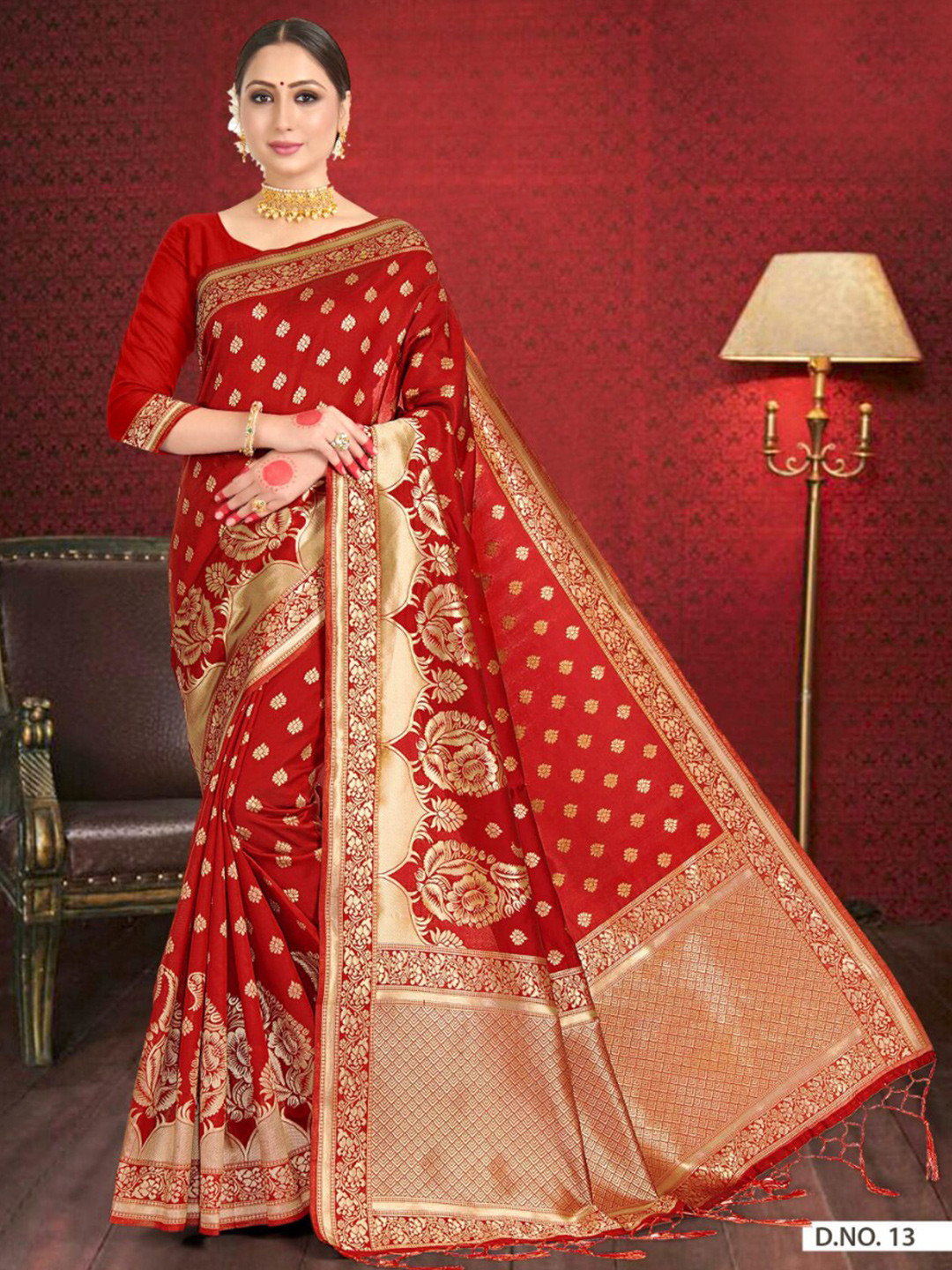 

Vardha Ethnic Motifs Woven Design Zari Silk Blend Banarasi Saree, Red