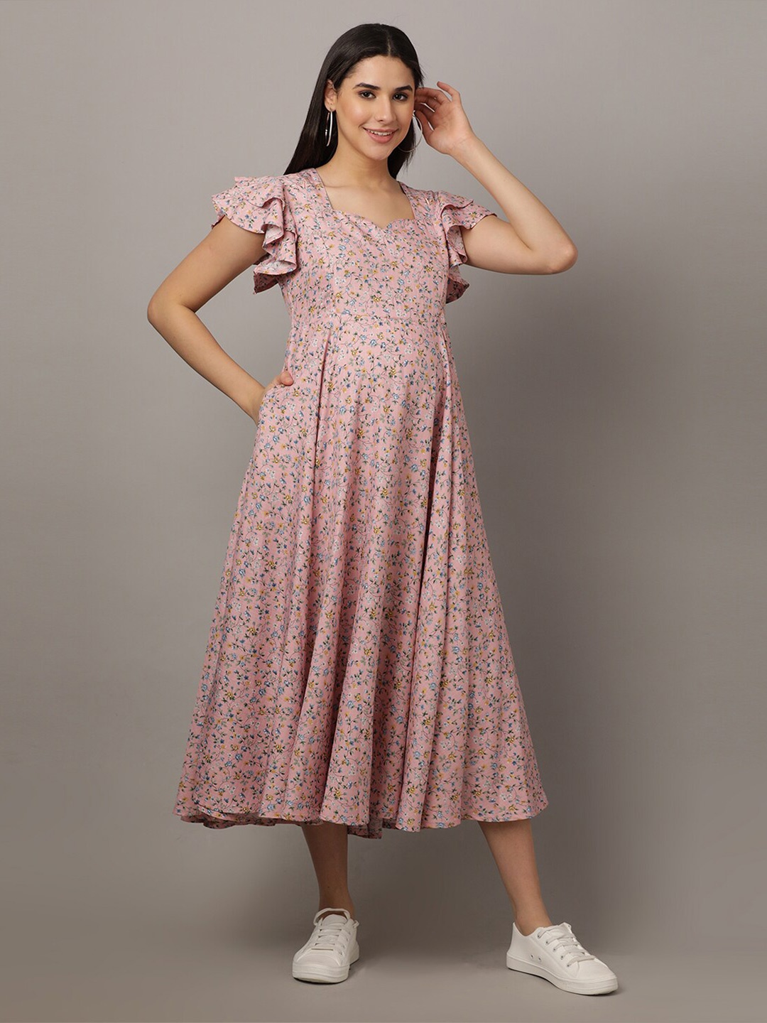 

The Mom Store Floral Printed Flutter Sleeves Maternity Fit & Flare Midi Dress, Pink