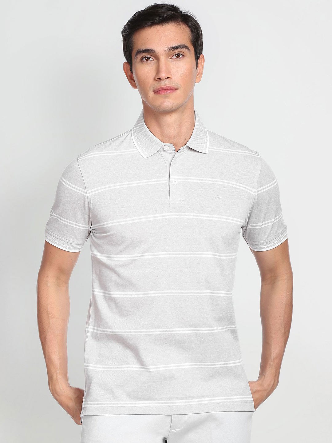 

Arrow Horizontal Stripes Polo Collar Cotton T-Shirt, Grey