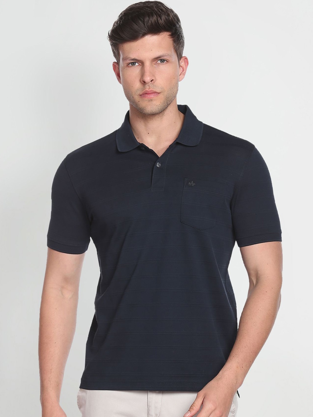 

Arrow Horizontal Striped Polo Collar Pure Cotton Casual T-Shirt, Black
