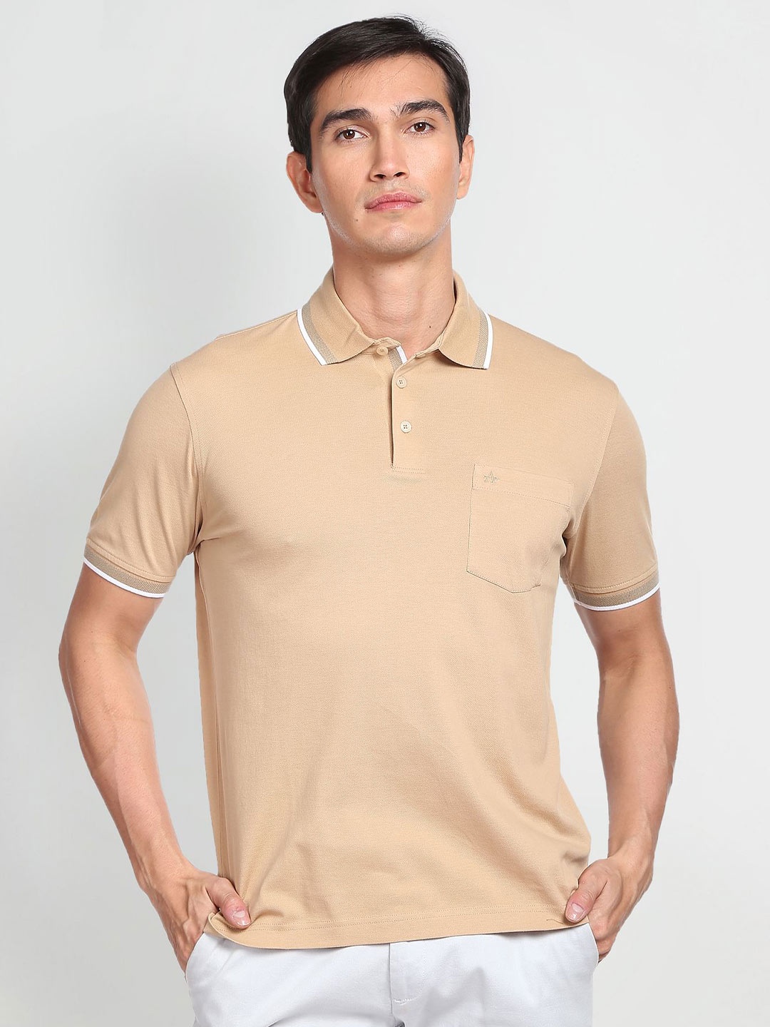 

Arrow Polo Collar Knitted Pure Cotton T-Shirt, Beige