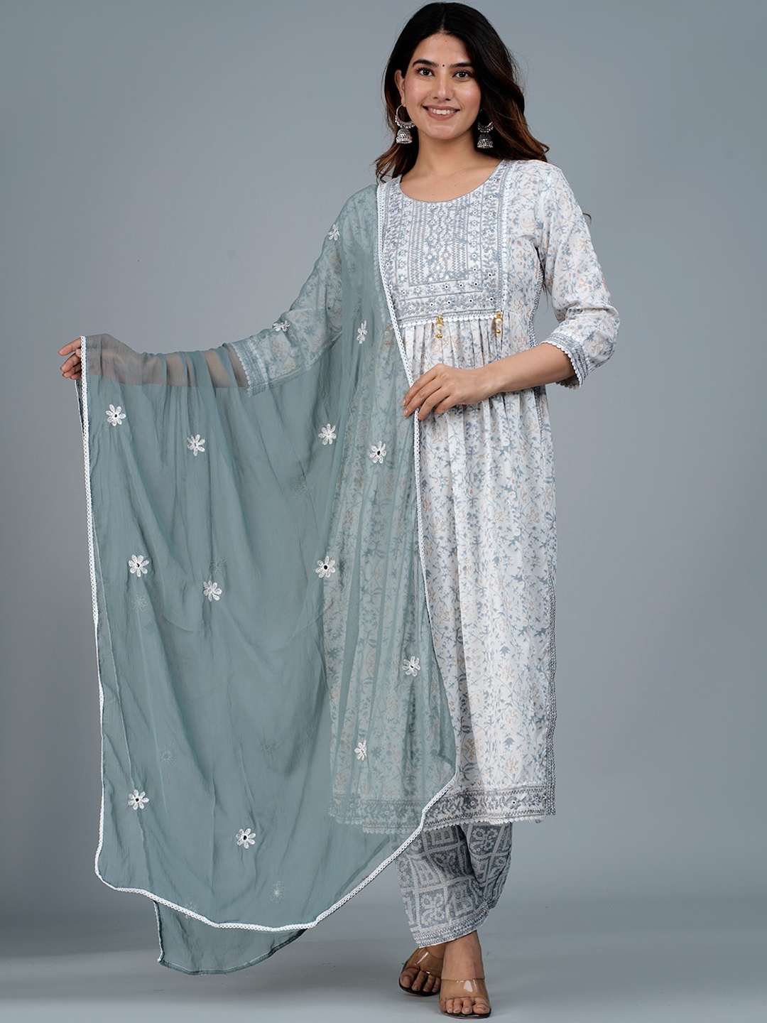 

ANAISA Women White Floral Embroidered Pleated Mirror Work Kurta with Salwar & With Dupatta