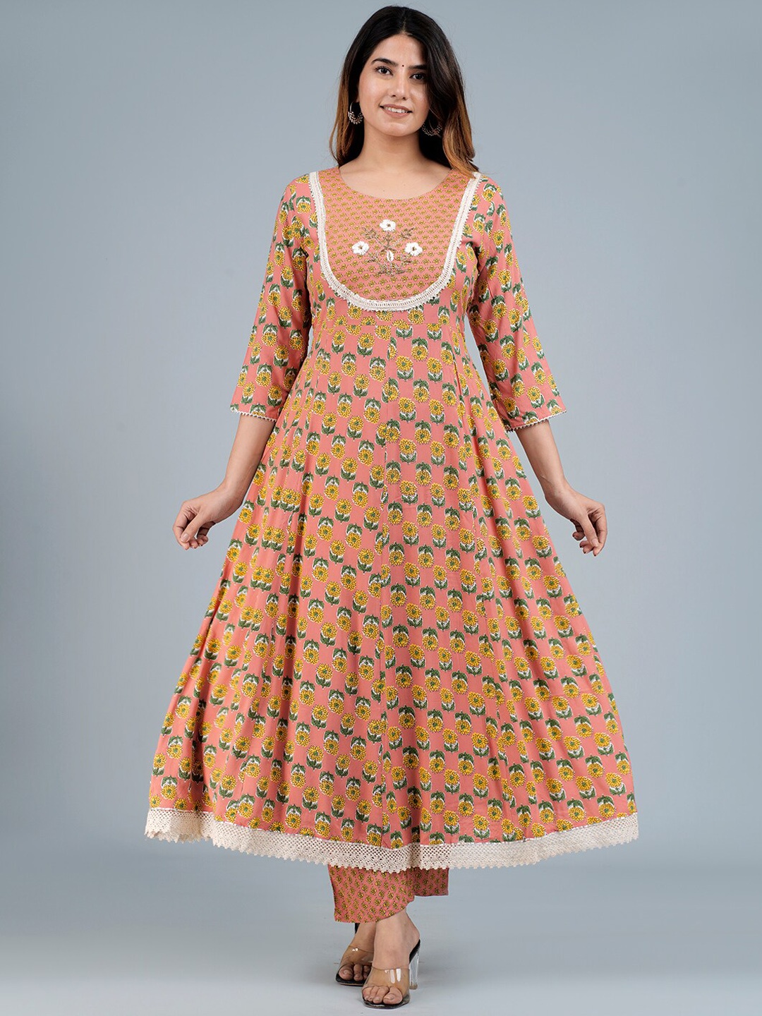 

ANAISA Women Peach-Coloured Floral Printed Regular Thread Work Kurta with Trousers & With Dupatta