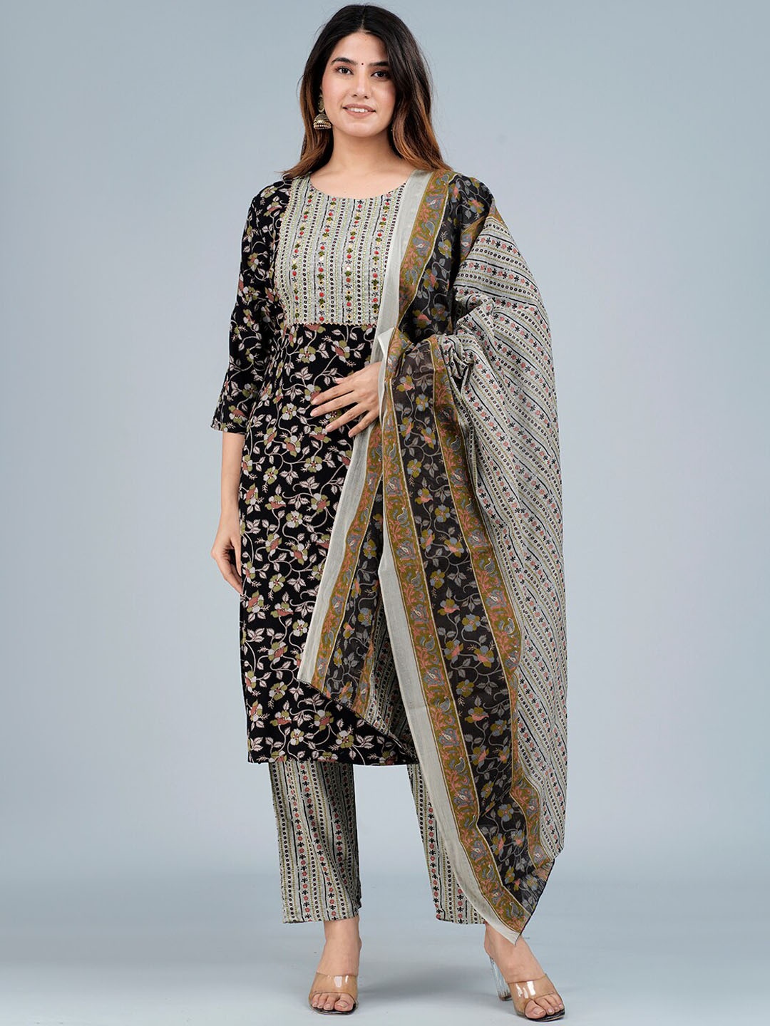 

ANAISA Floral Printed Mirror Work Kurta with Trousers & Dupatta, Black