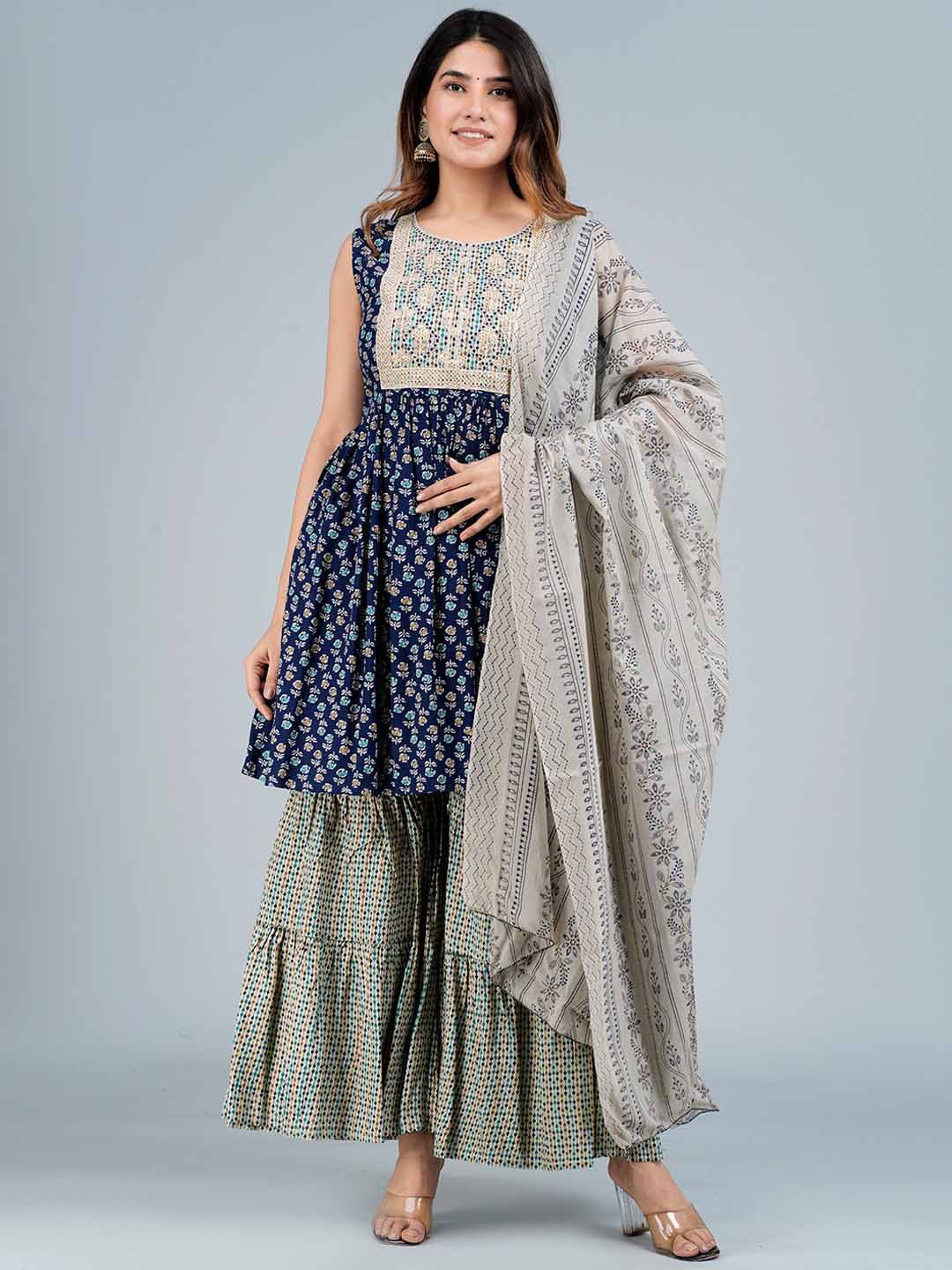 

ANAISA Floral Printed Thread Work Sequined Kurta with Sharara & Dupatta, Navy blue