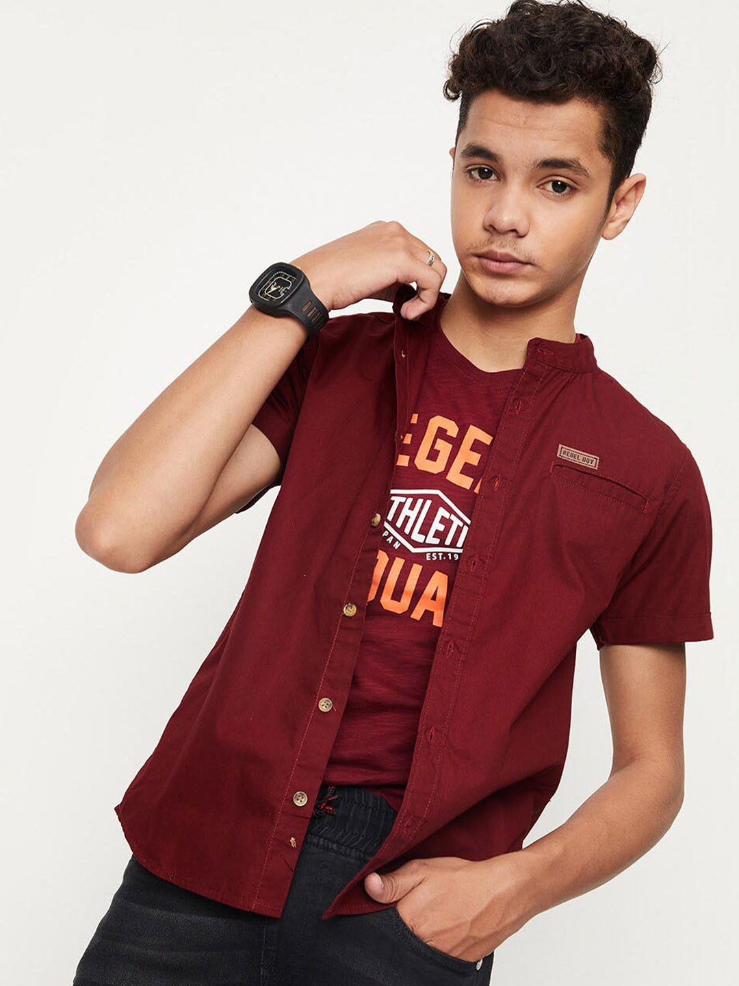 

max Boys Mandarin Collar Cotton Casual Shirt, Burgundy