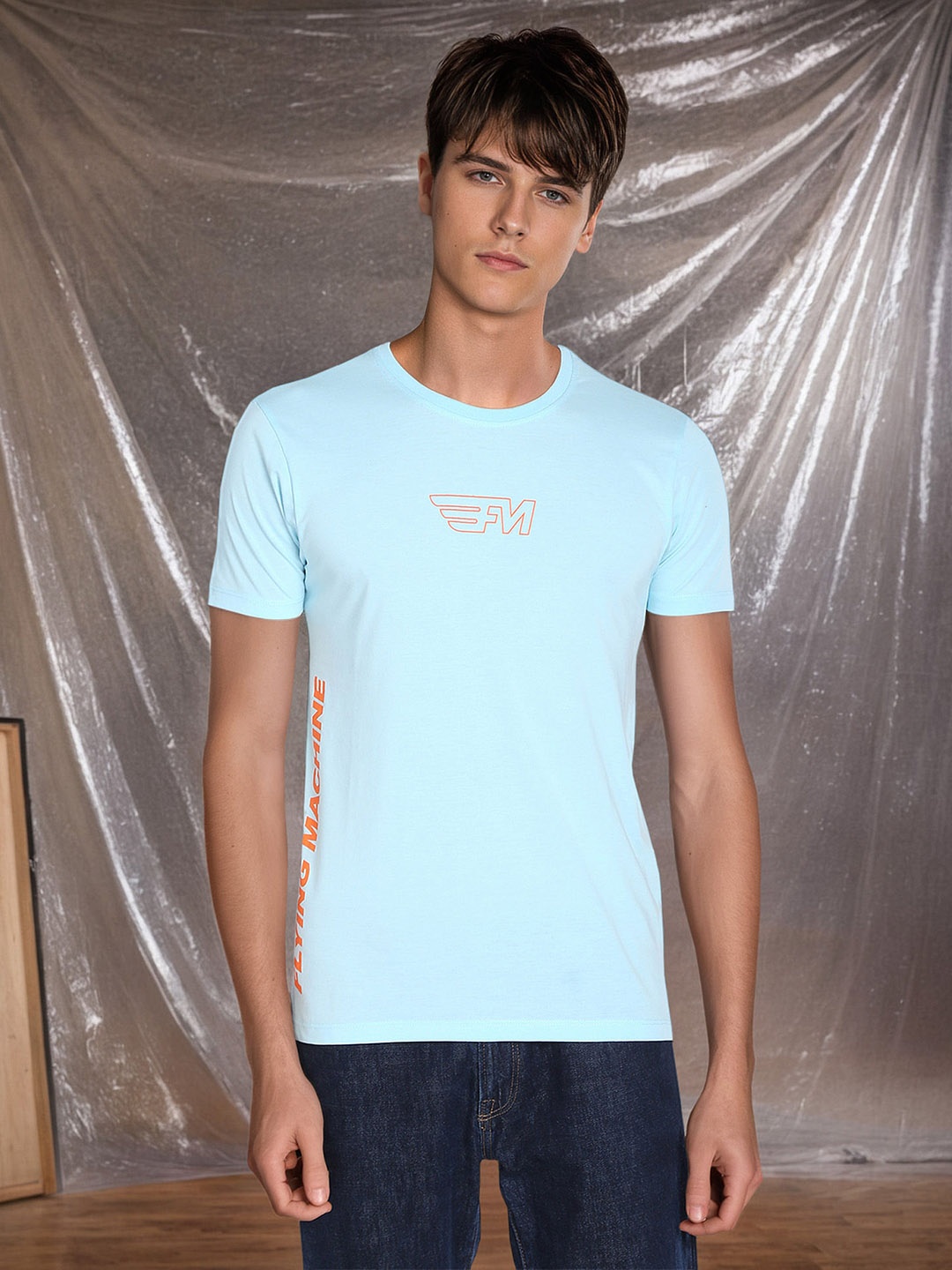 Flying Machine Typography Printed Round Neck Cotton T-shirt, Blue