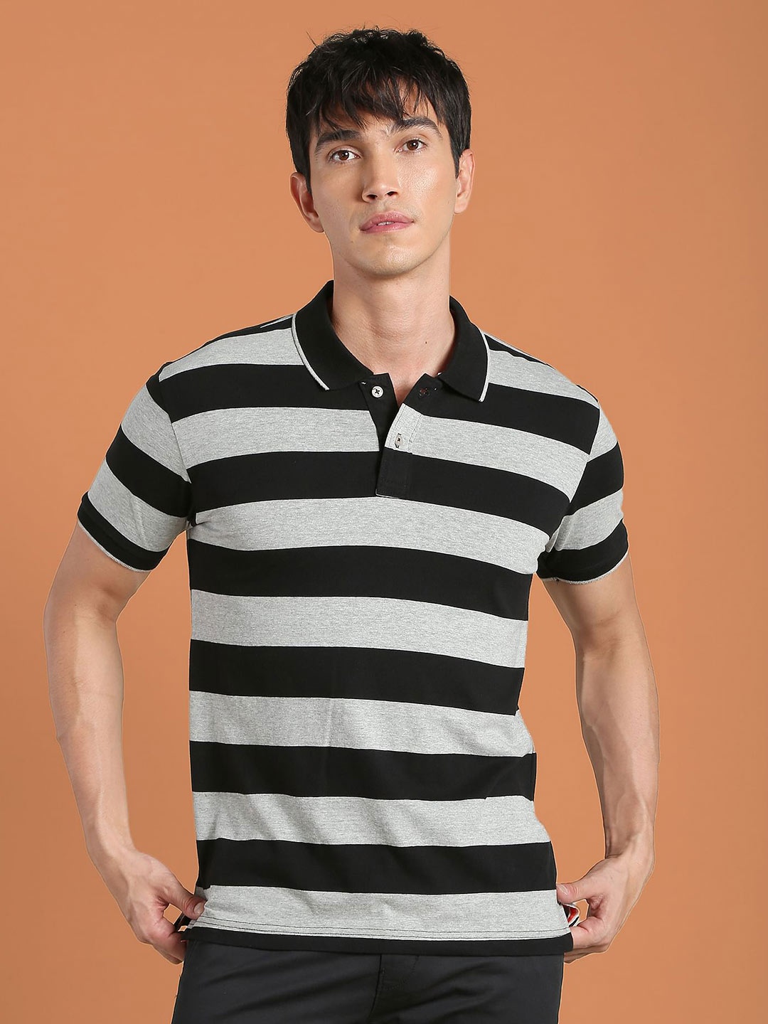 

Flying Machine Striped Polo Collar Cotton T-shirt, Grey