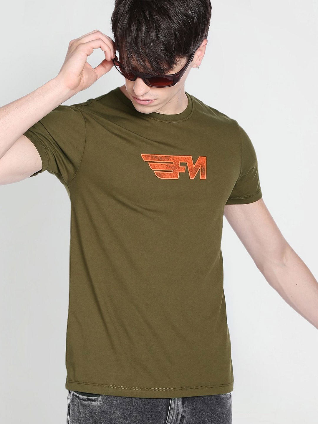 

Flying Machine Round Neck Cotton T-shirt, Olive