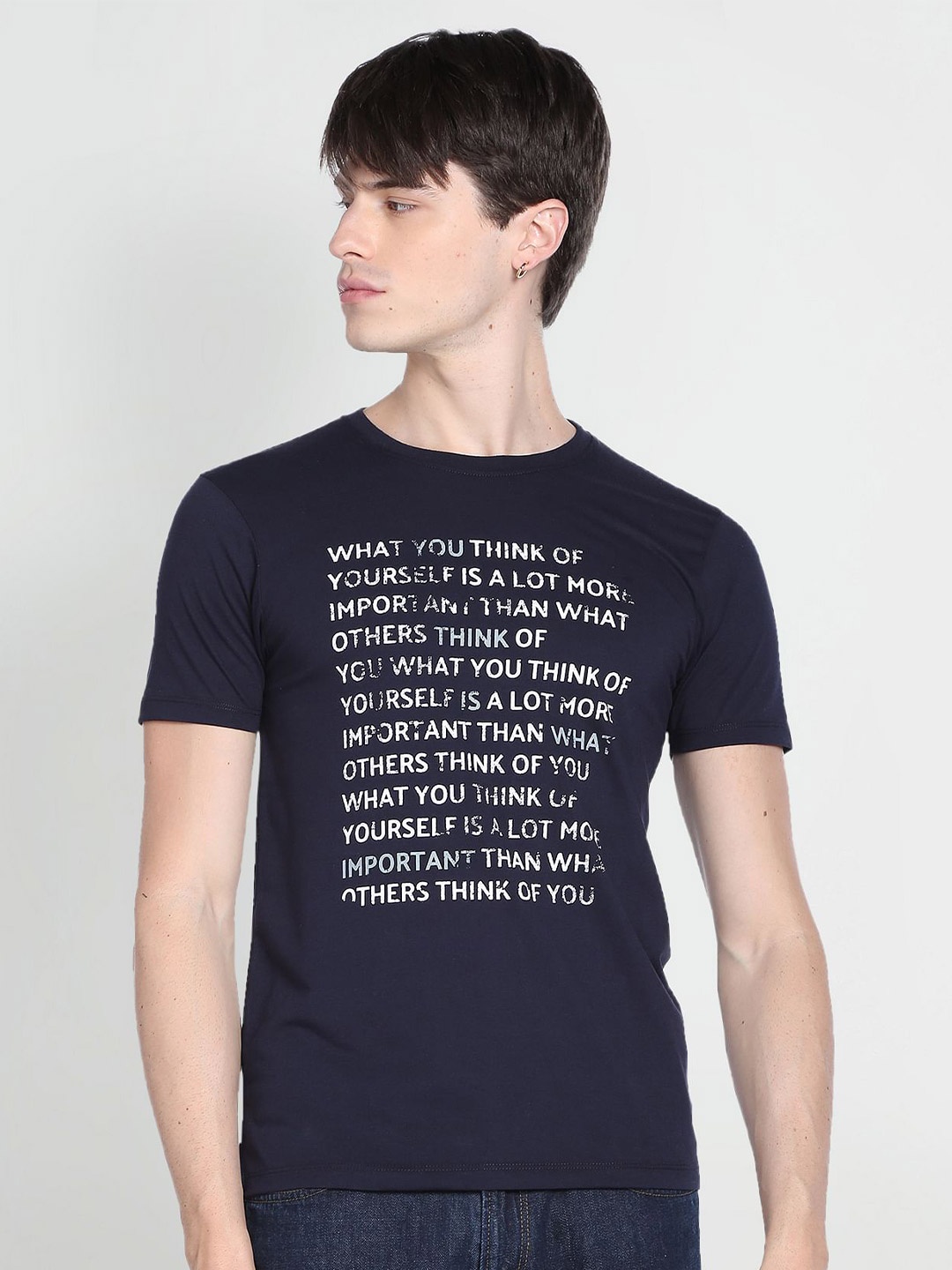 

Flying Machine Typography Printed Round Neck Cotton T-shirt, Navy blue