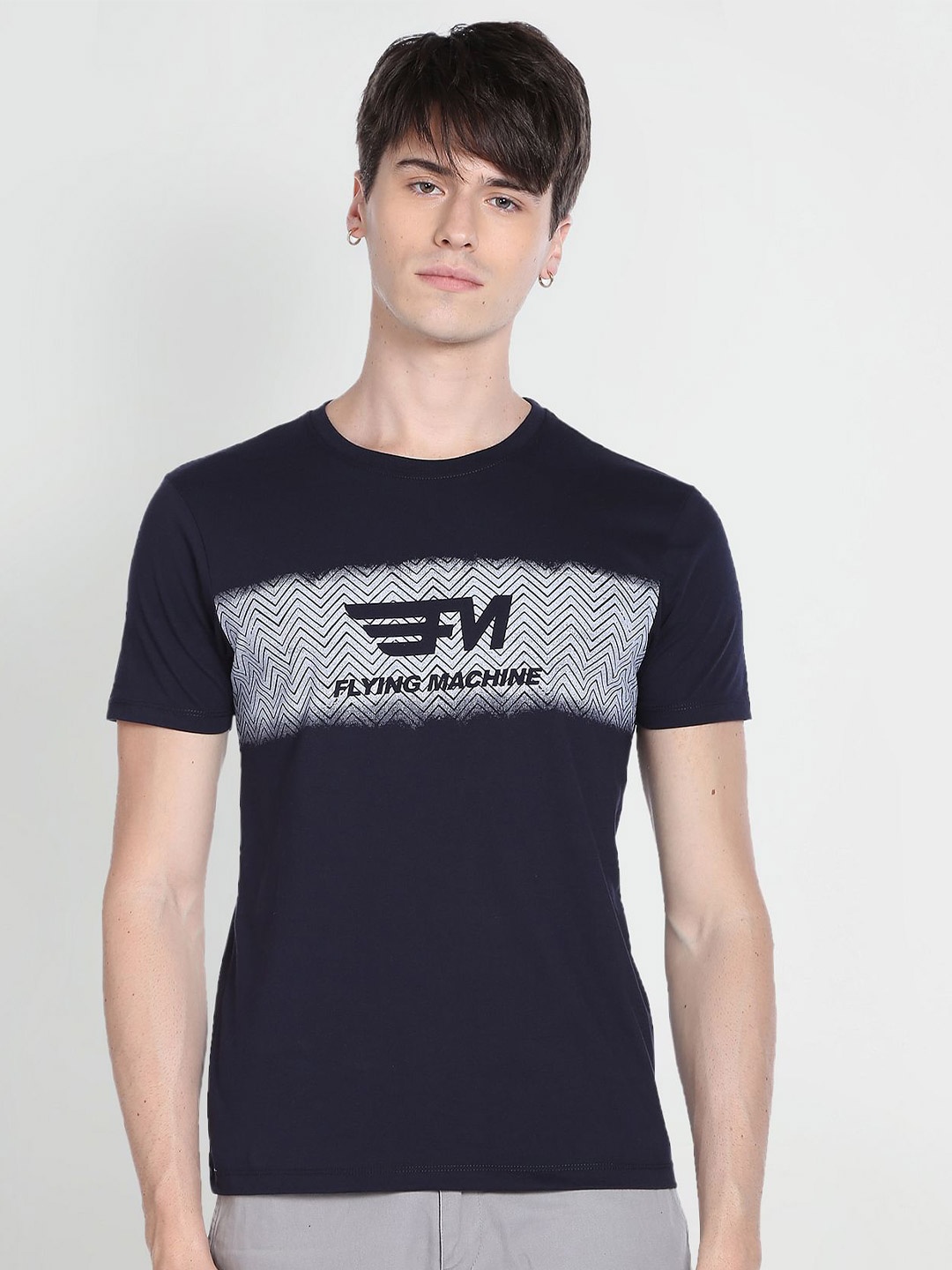 

Flying Machine Brand Logo Printed Round Neck Cotton T-shirt, Navy blue