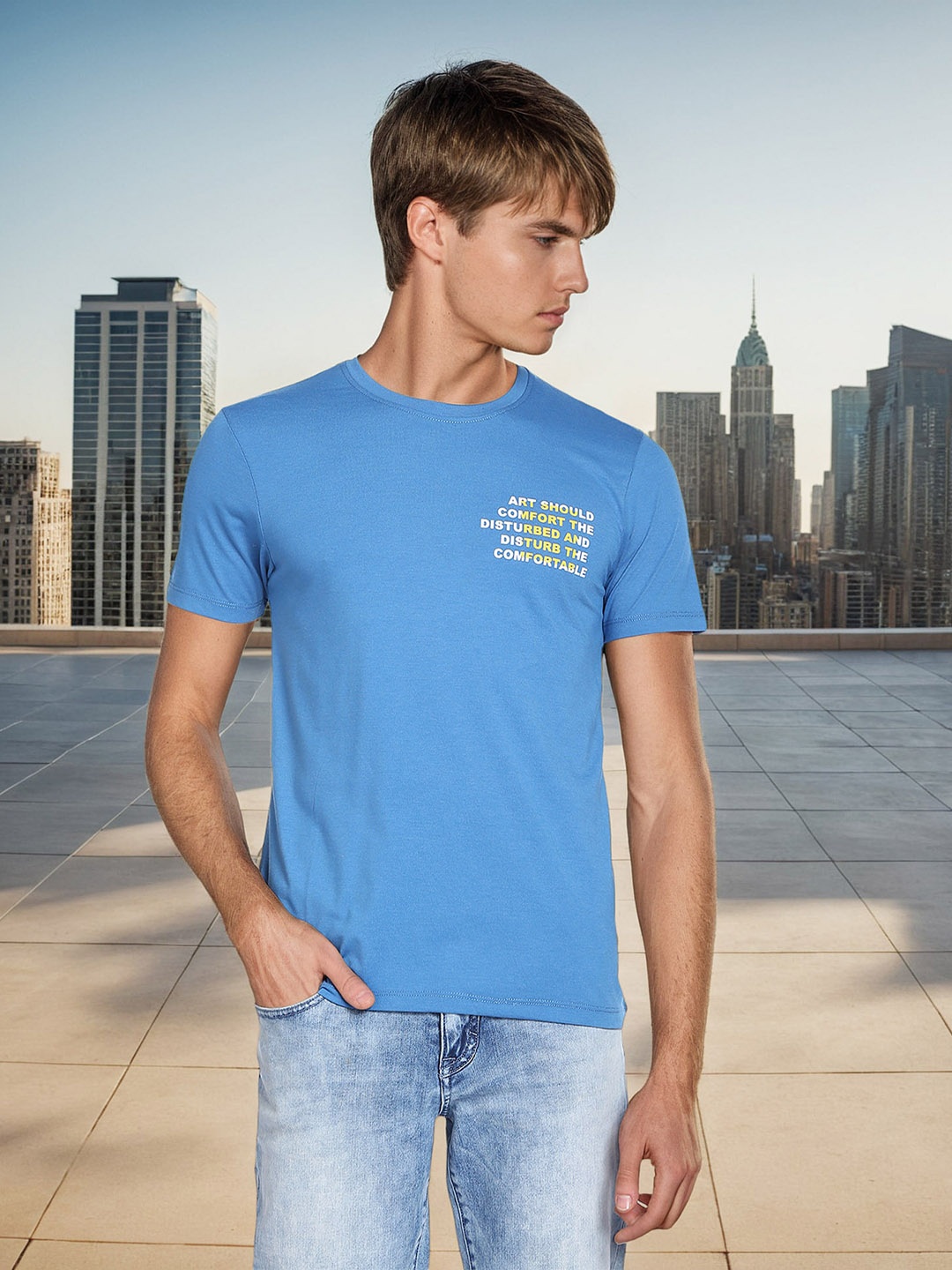 Flying Machine Typography Printed Round Neck Cotton T-shirt, Blue