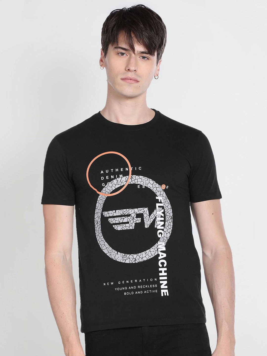 

Flying Machine Brand Logo Printed Cotton T-shirt, Black