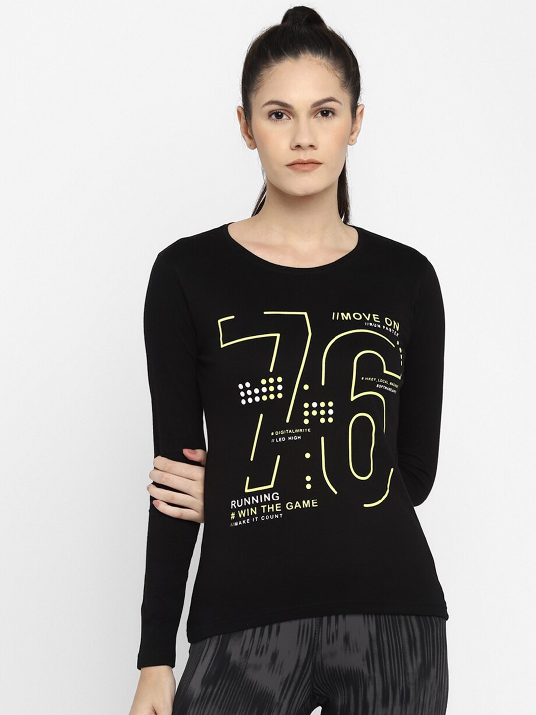 

appulse Typography Printed Long Sleeves Cotton T-Shirt, Black