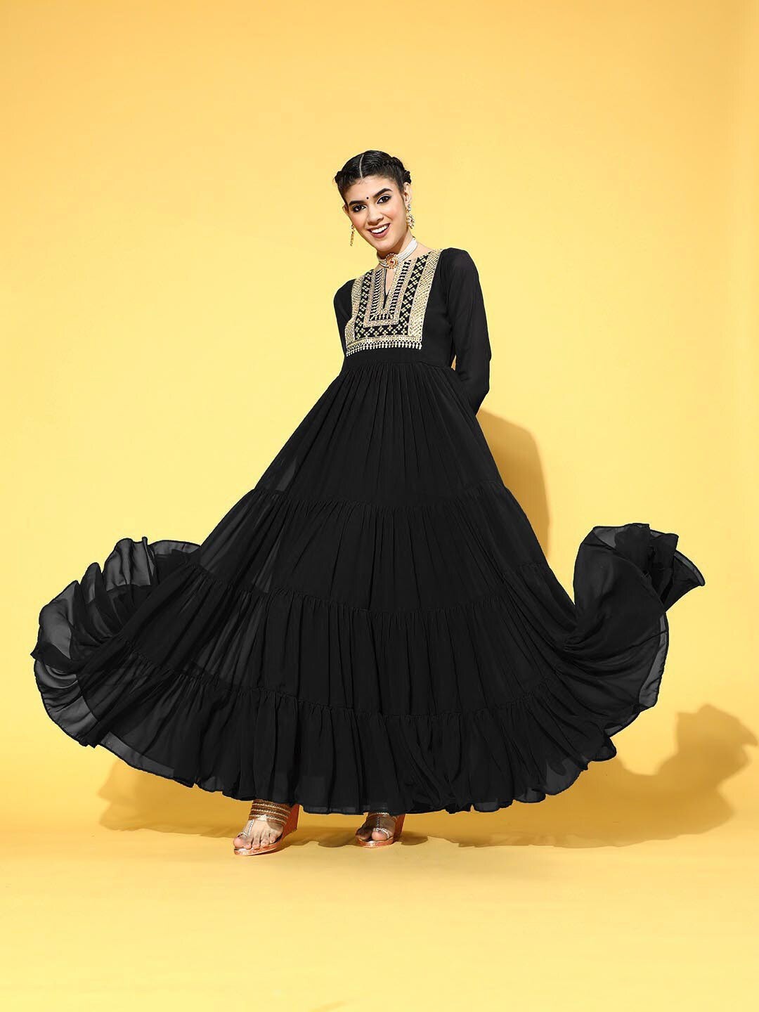 

FashTown Georgette Maxi Ethnic Dress, Black