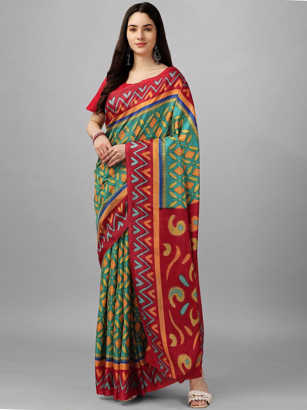 

GORGONE Ethnic Motifs Printed Silk Blend Handloom Saree, Green