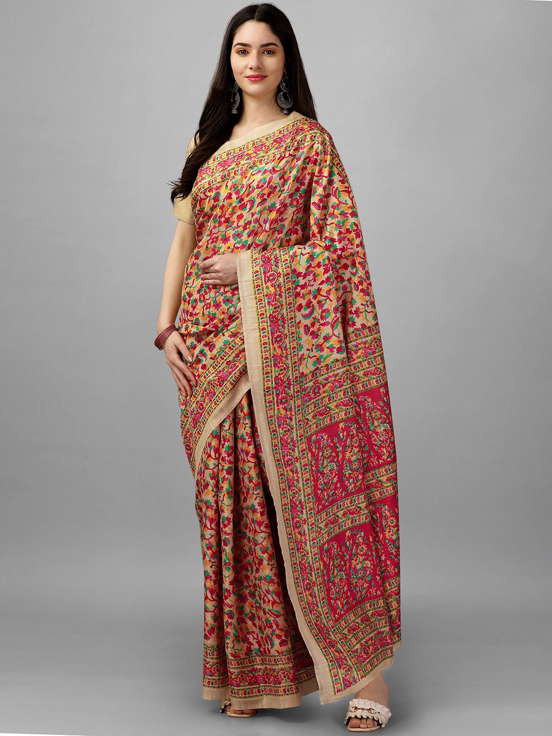

GORGONE Floral Printed Silk Saree, Beige
