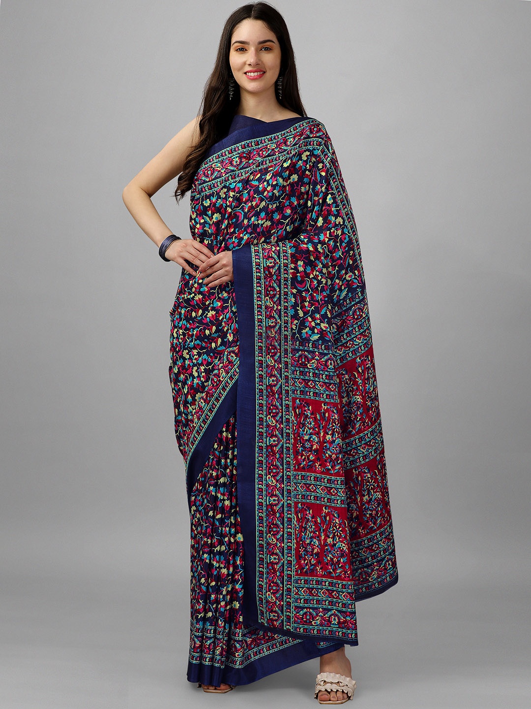 

GORGONE Floral Printed Silk Saree, Navy blue