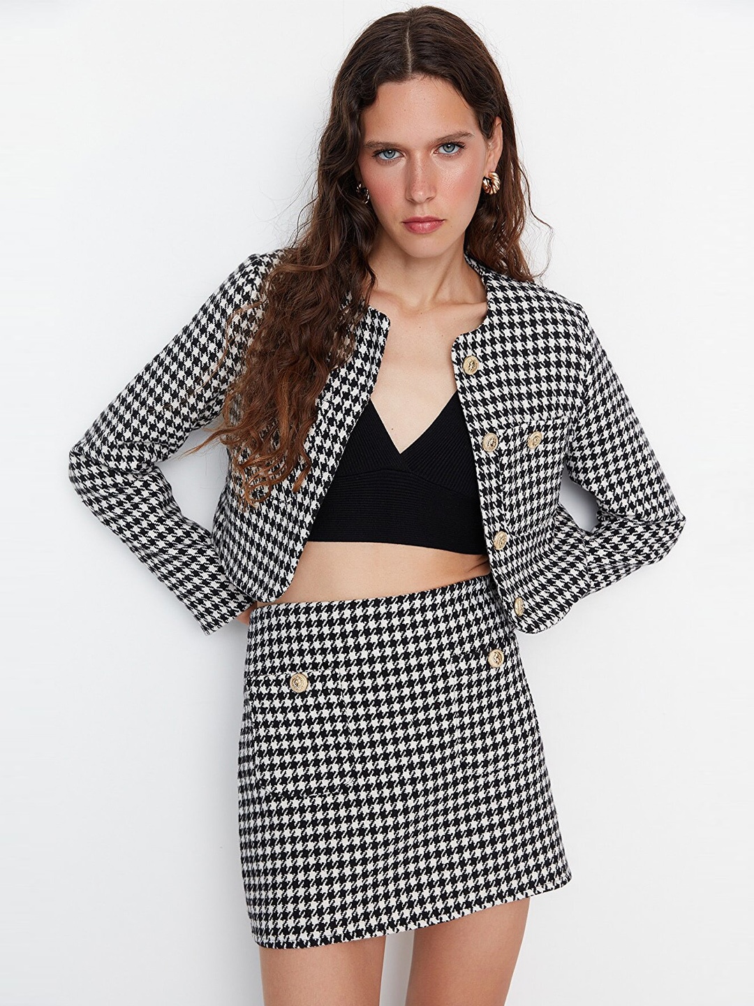 

Trendyol Checked Crop Tailored Jacket, Black