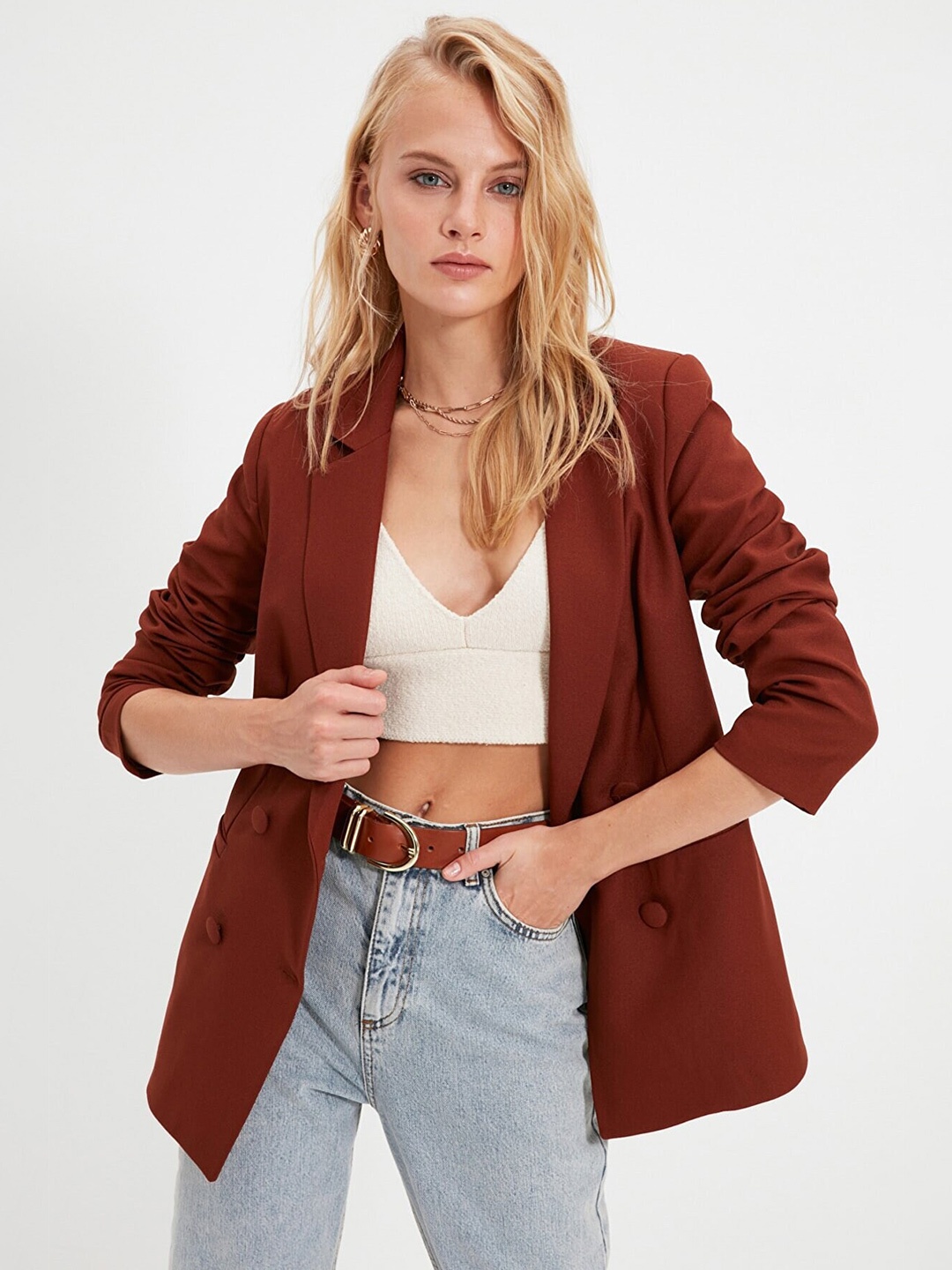 

Trendyol Notched Lapel Long Sleeves Double-Breasted Blazer, Brown