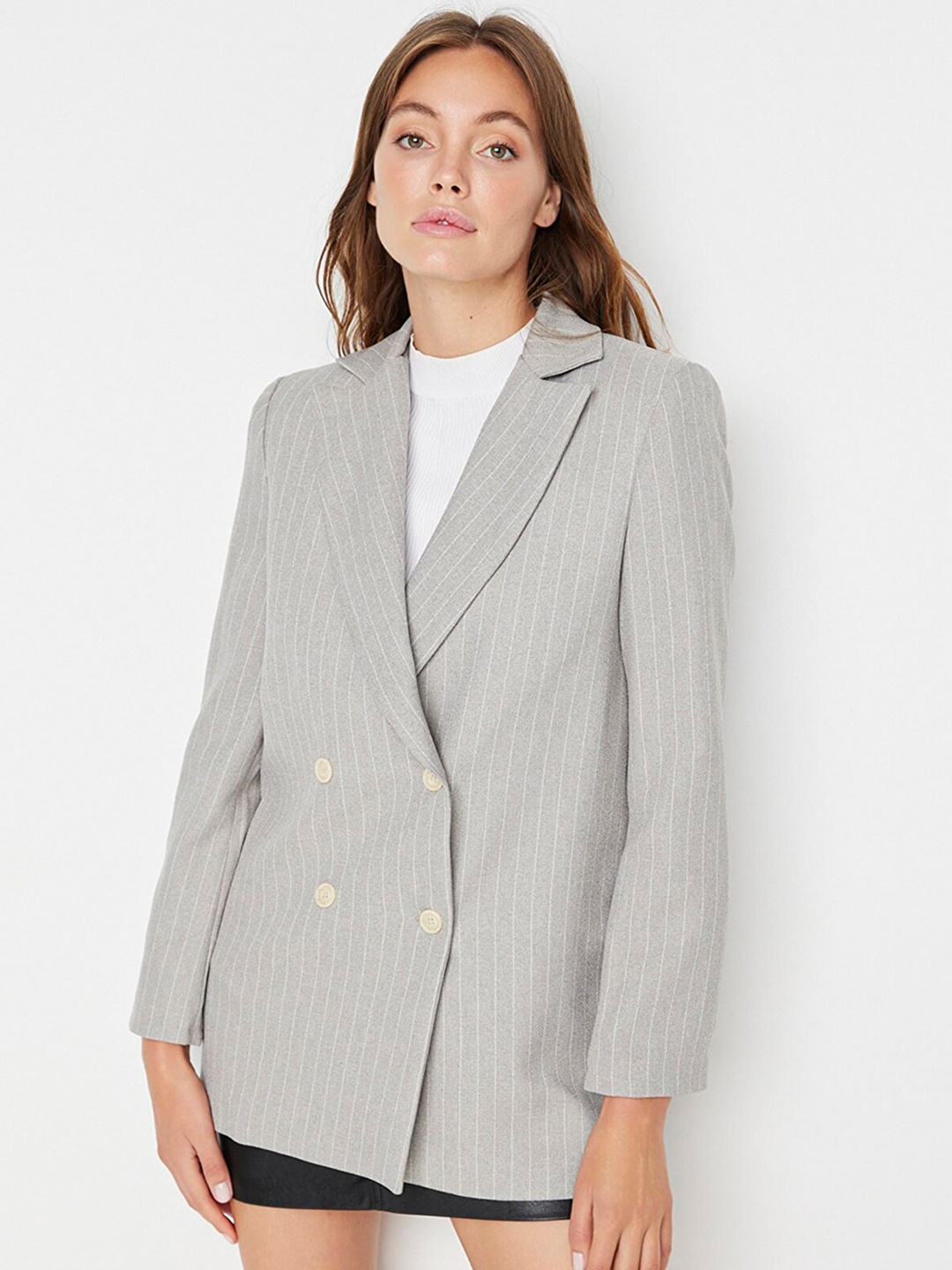 

Trendyol Striped Notched Lapel Long Sleeves Double-Breasted Blazer, Grey