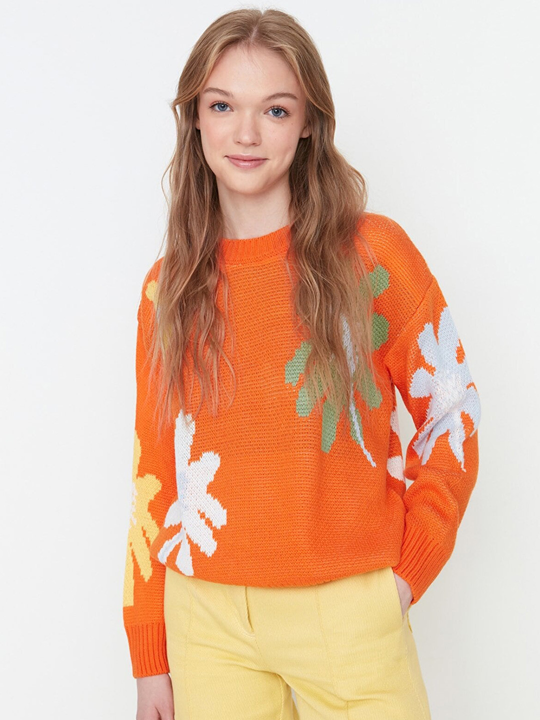

Trendyol Floral Printed Round Neck Long Sleeves Top, Orange