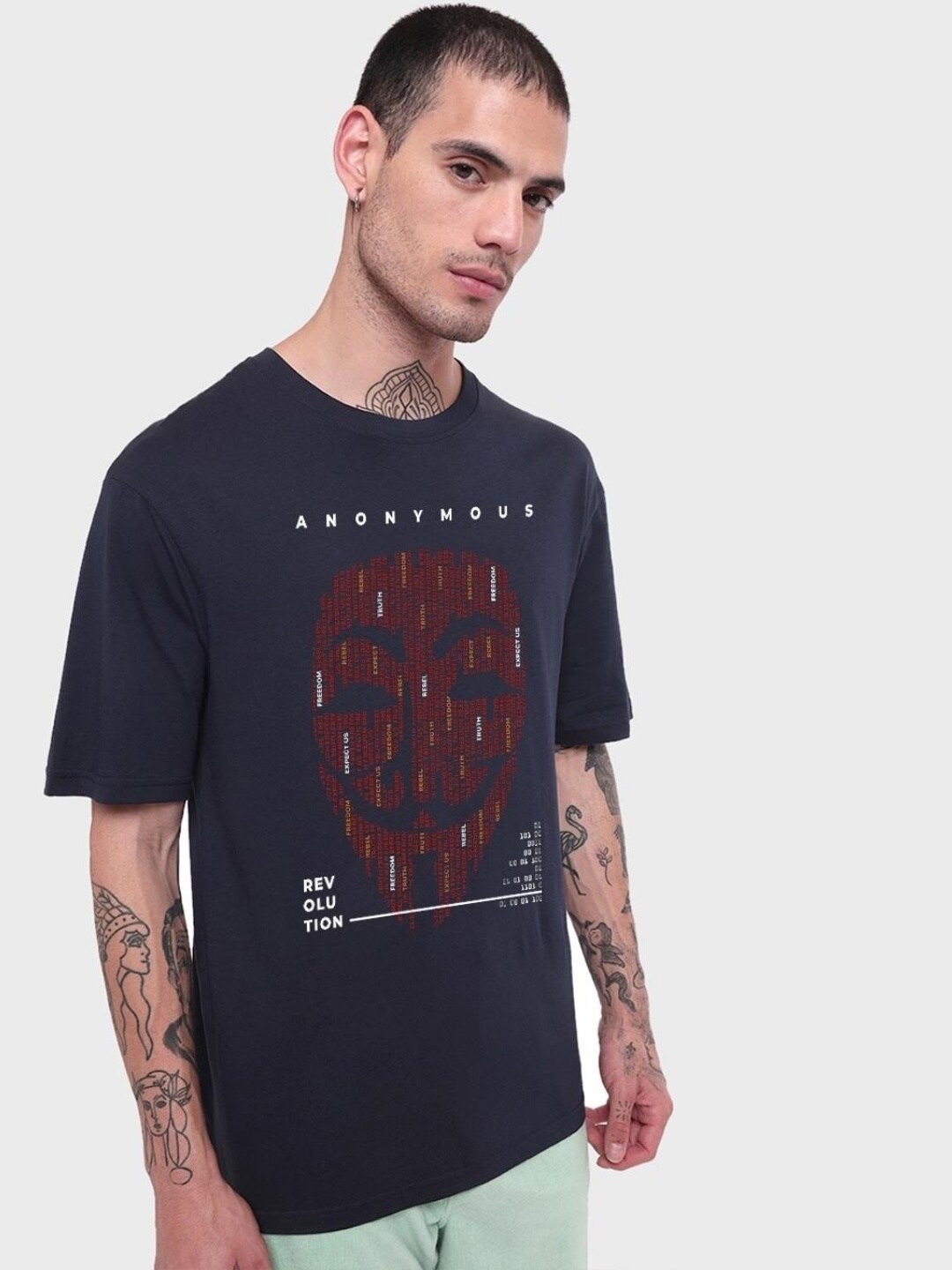 

Bewakoof Men's Blue Anonymous Graphic Printed Oversized T-shirt