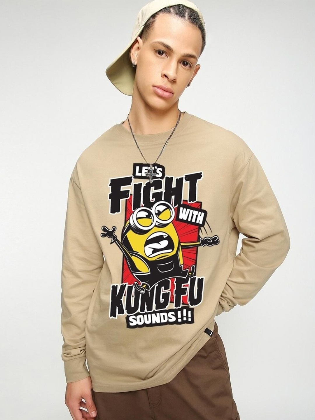 

Bewakoof x OFFICIAL MINIONS MERCHANDISE Kung Fu Sounds Graphic Printed Oversized T-shirt, Brown