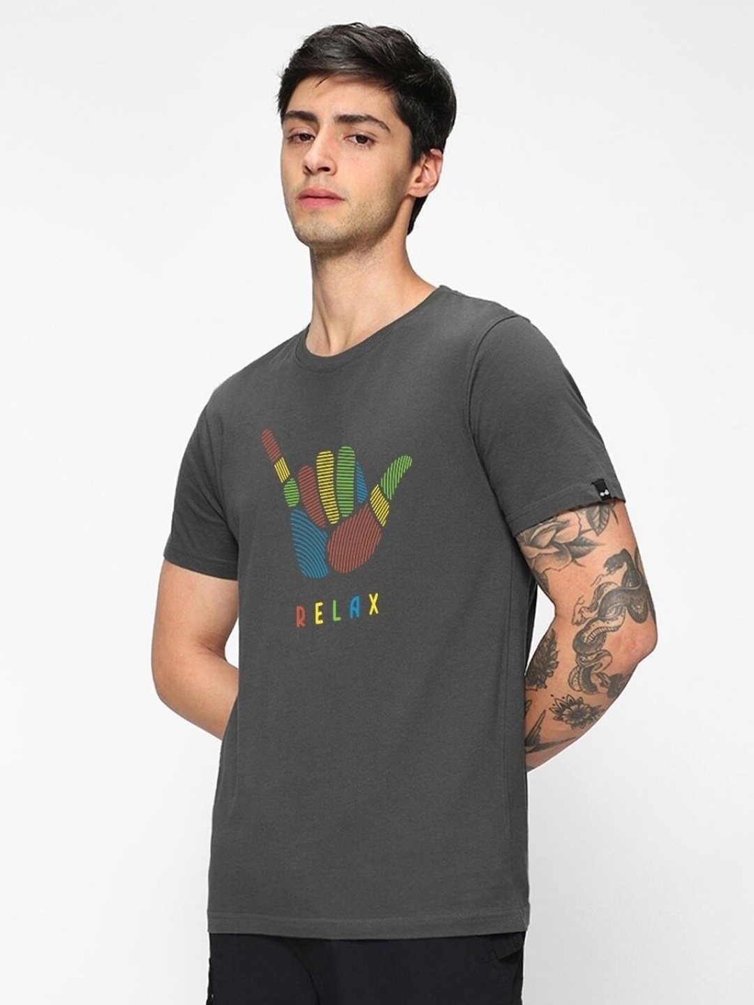 

Bewakoof Grey Graphic Printed Round Neck Cotton T-shirt