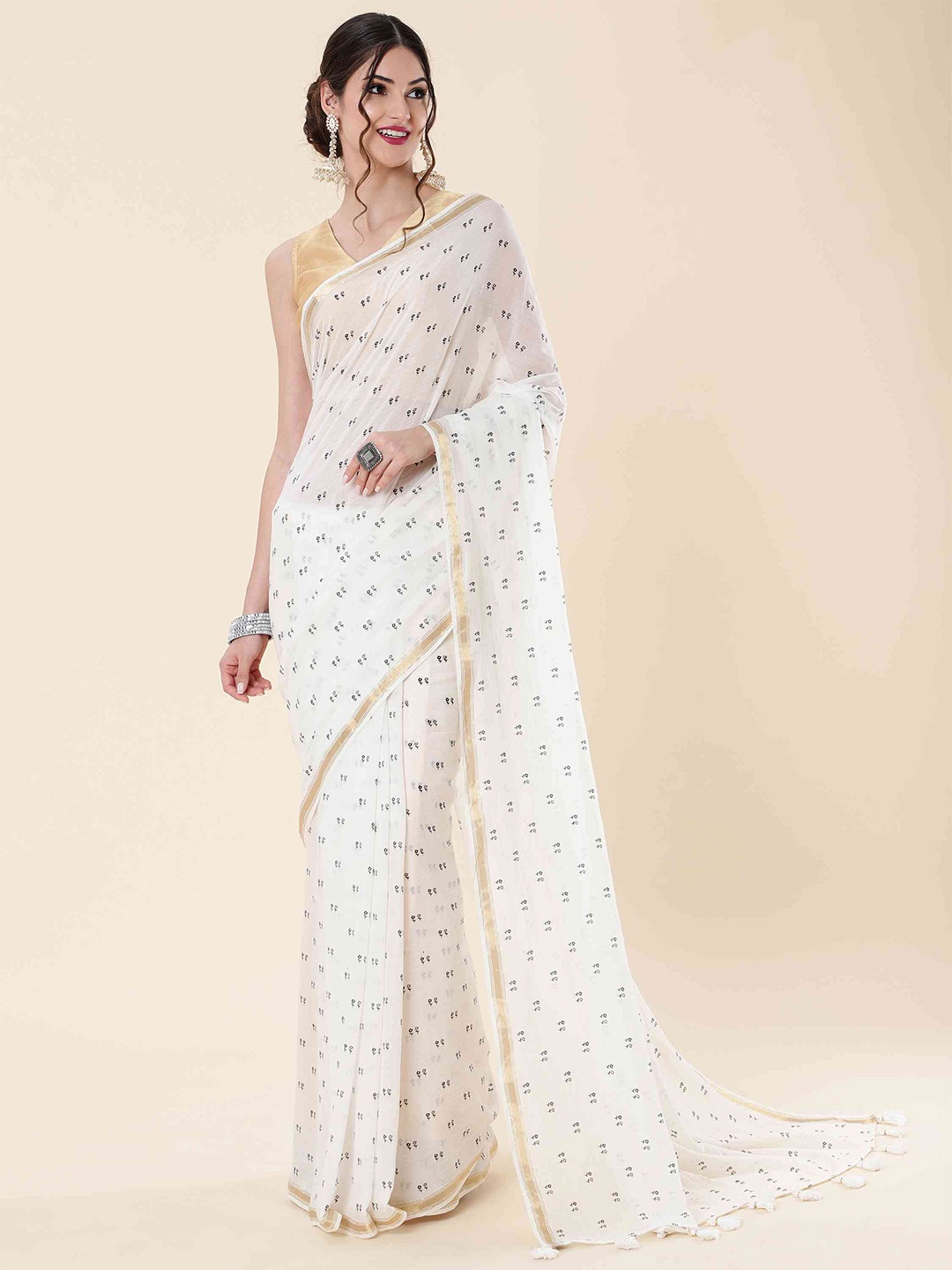 

elora Floral Printed Zari Pure Cotton Block Print Saree, White