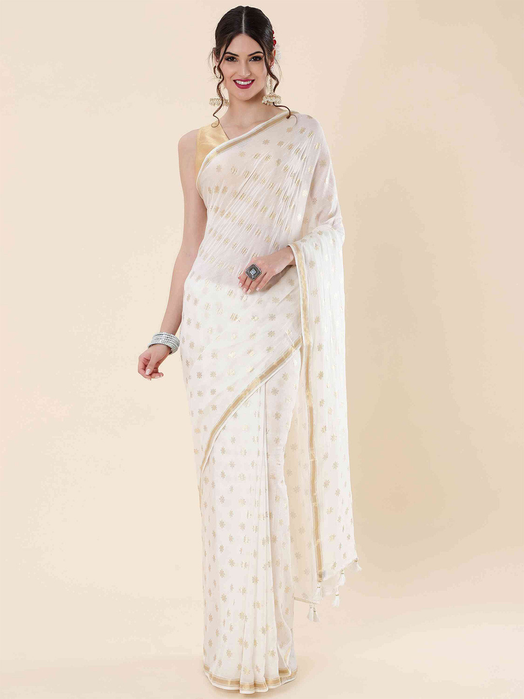 

elora Ethnic Motifs Woven Design Zari Pure Cotton Block Print Saree, White