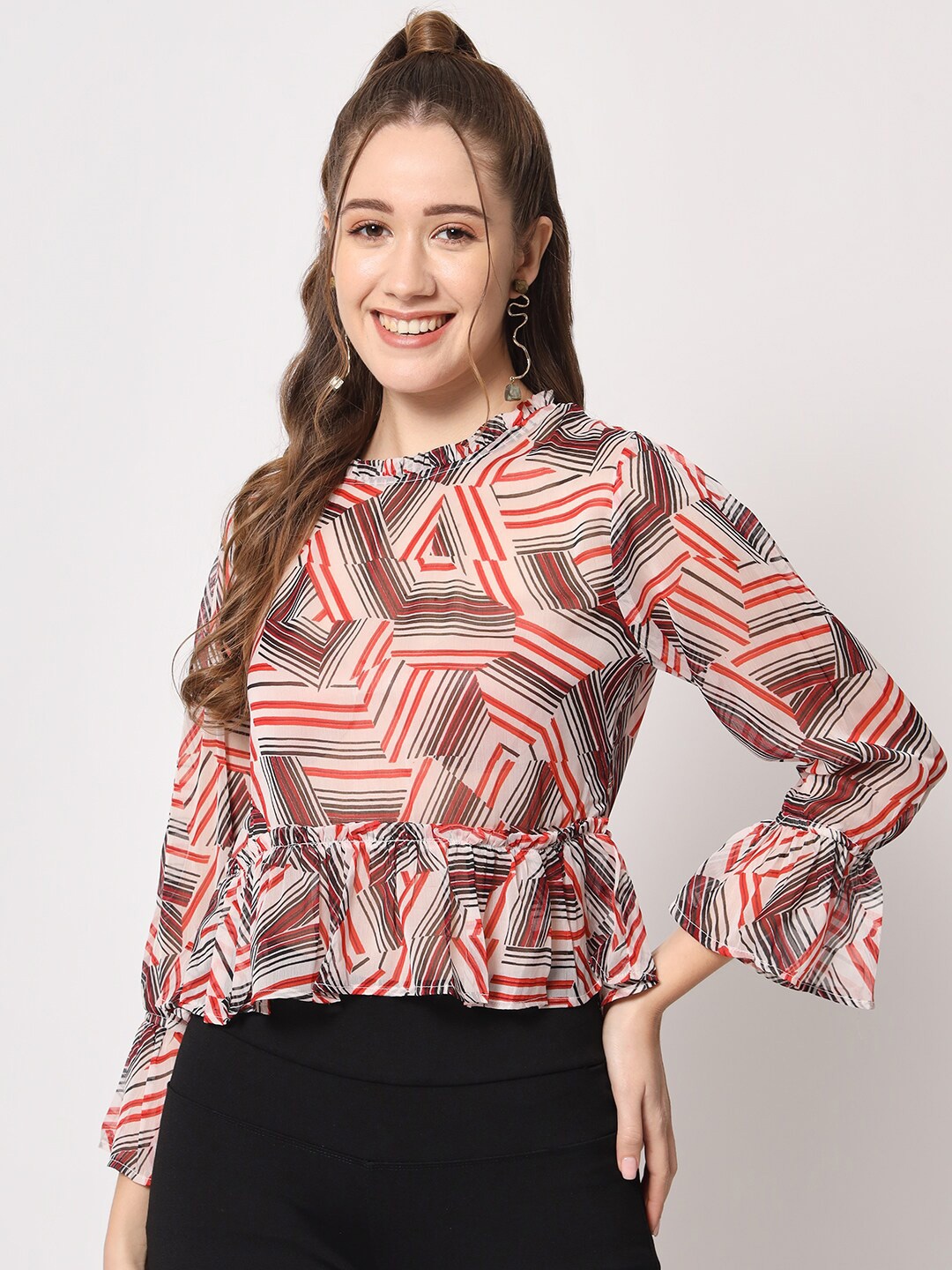 

D 'VESH Geometric Printed Bell Sleeves Peplum Top, Peach