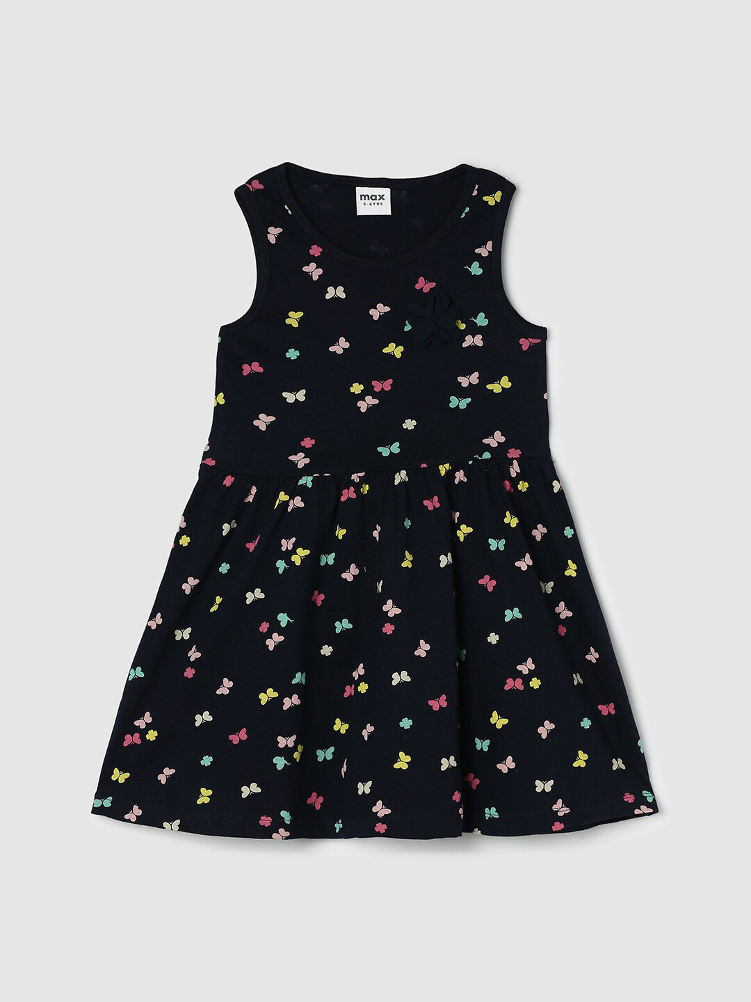 

max Girls Floral Print A-Line Pure Cotton Dress, Navy blue