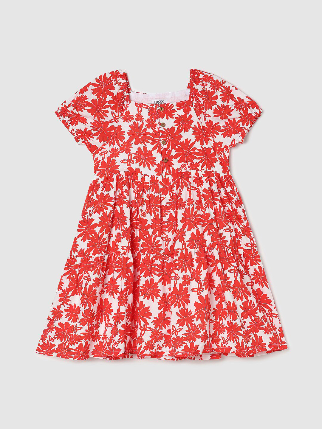 

max Floral Print Puff Sleeve Fit & Flare Dress, Red