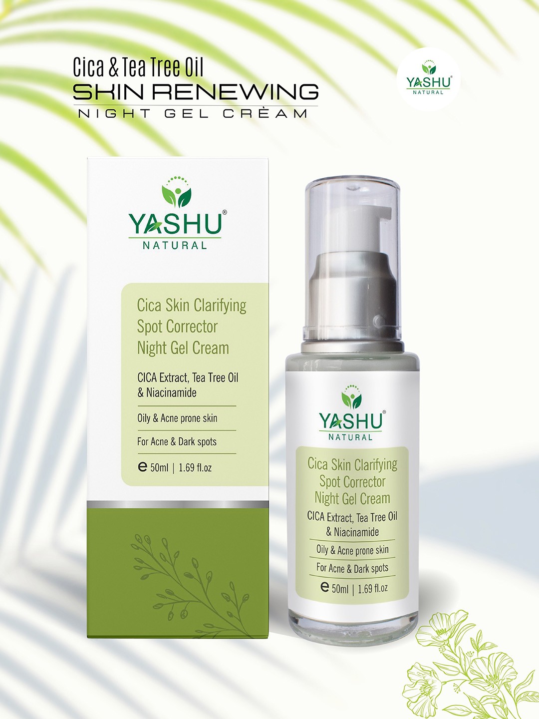 

YASHU Cica Skin Clarifying Spot Corrector Night Gel Cream - 50 ml, Green