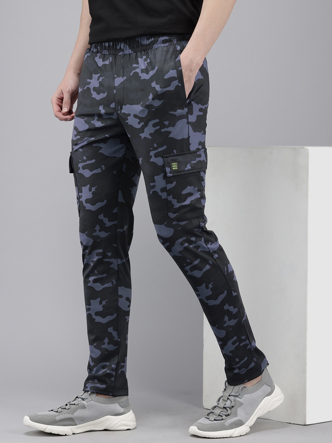 

Van Heusen Men Camouflage Printed Slim Fit Running Track Pants, Navy blue