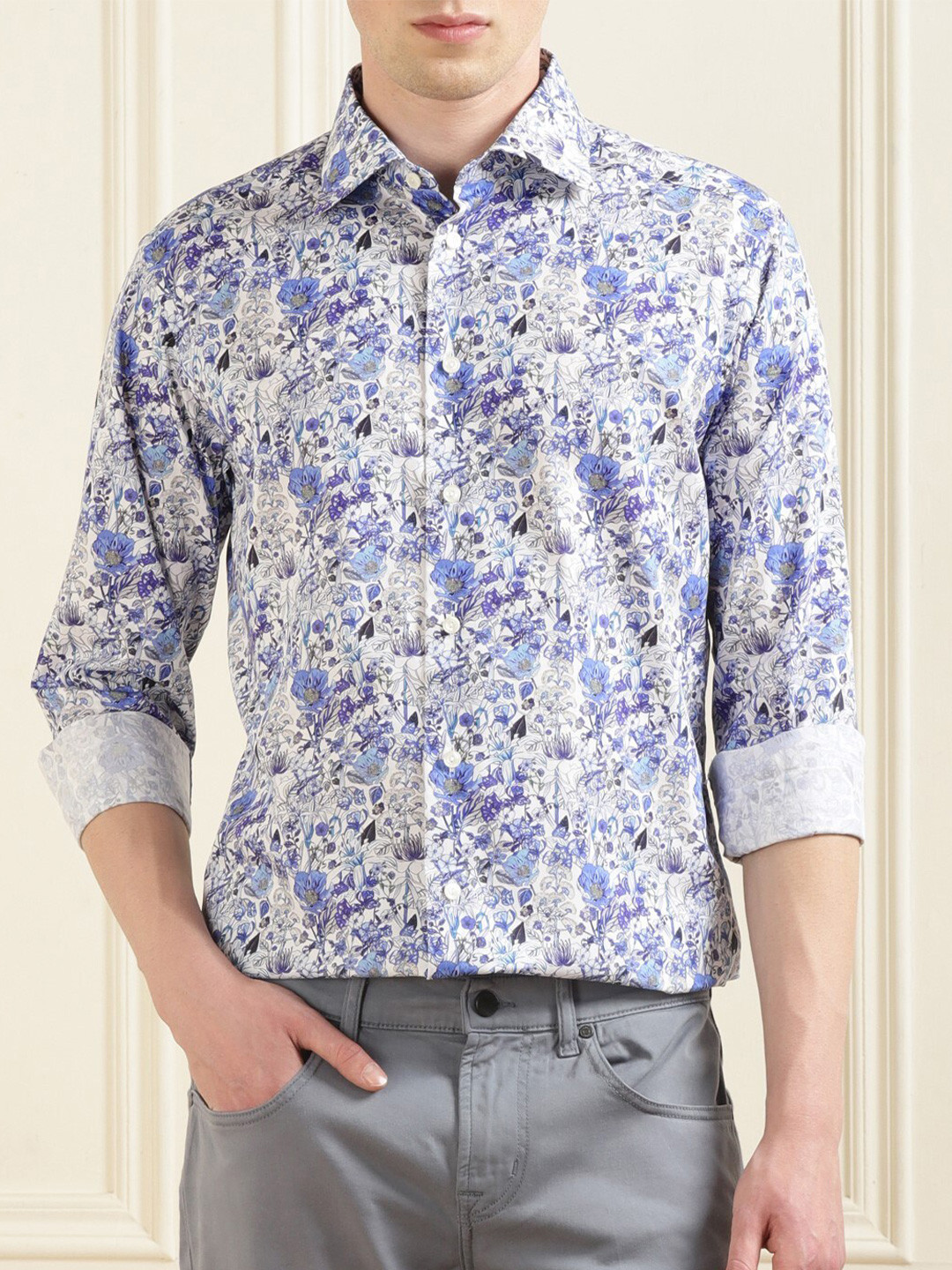 

Eton Floral Printed Spread Collar Pure Cotton Casual Shirt, Blue