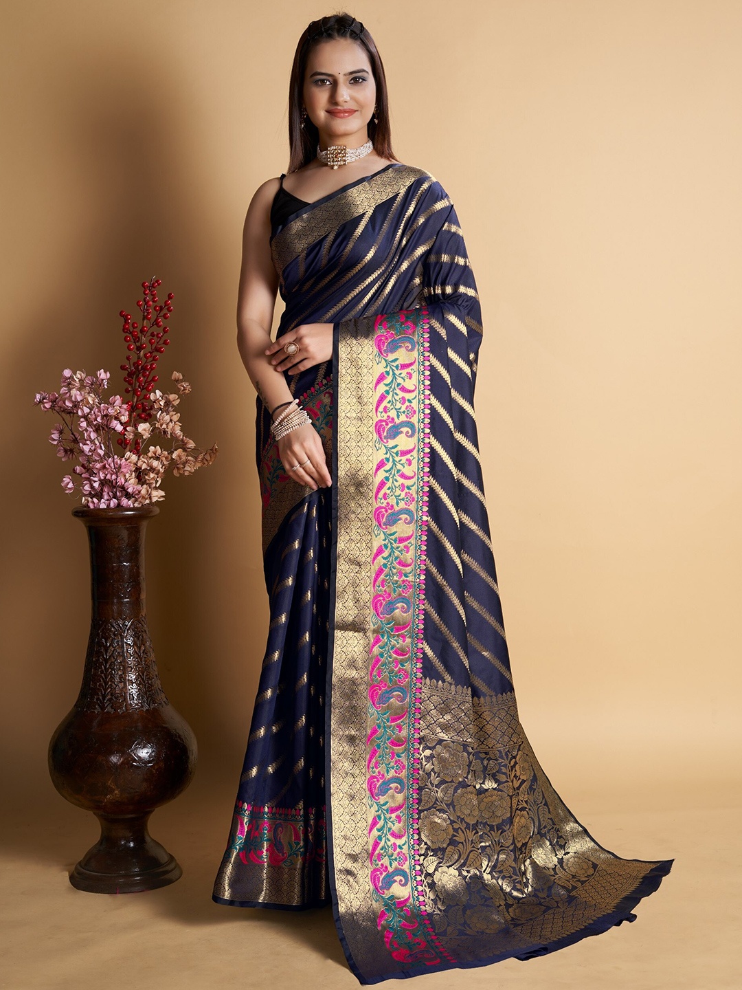 

Mitera Woven Design Zari Silk Blend Banarasi Saree, Navy blue