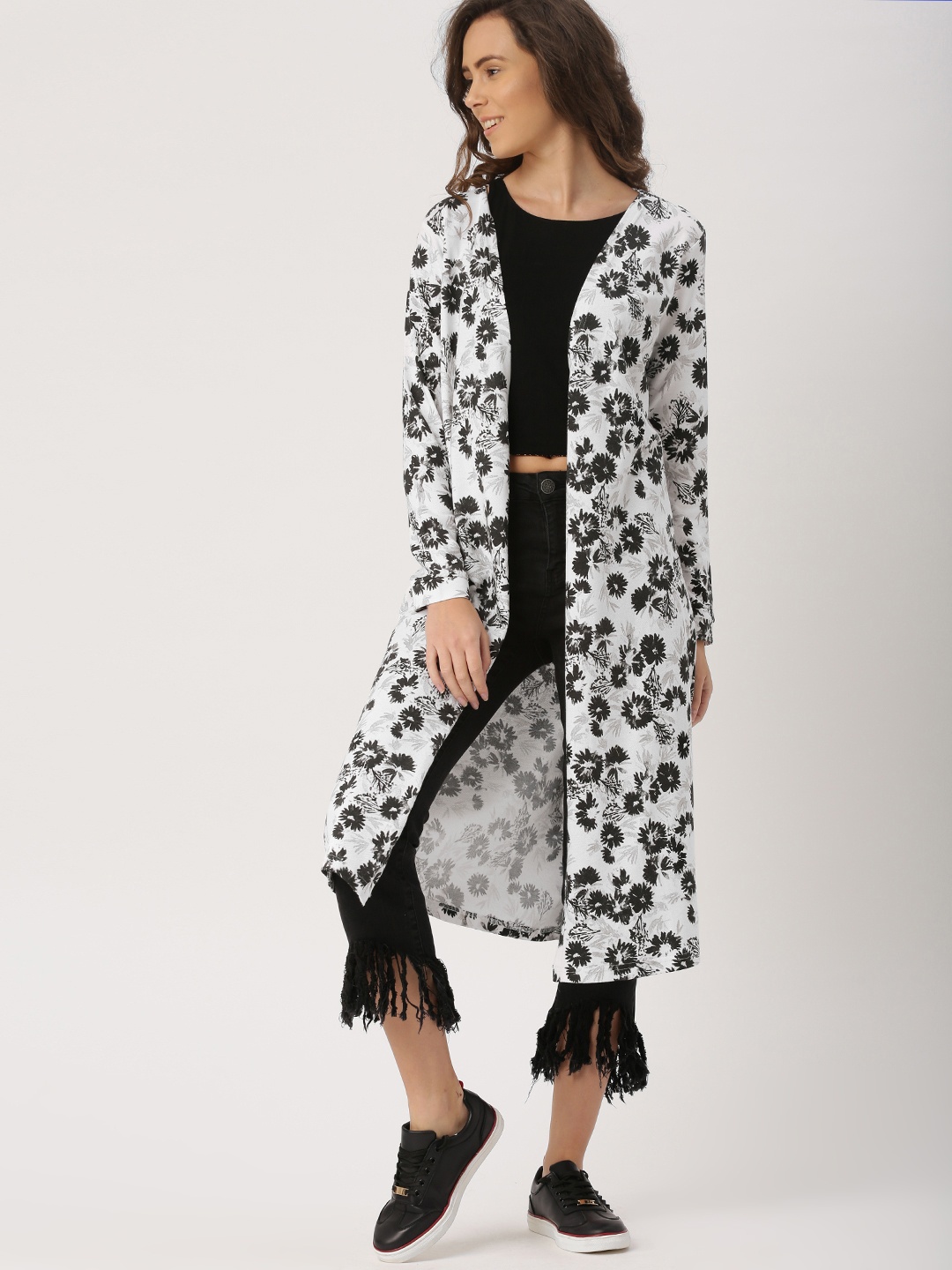 

DressBerry White & Black Printed Open Front Longline Shrug