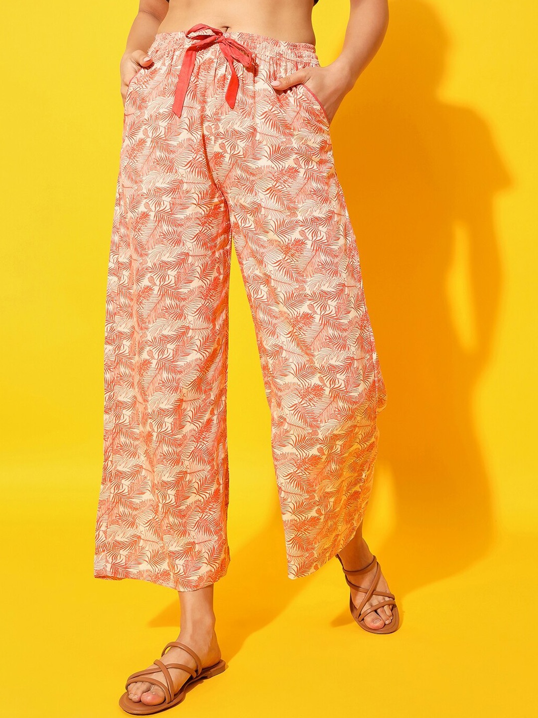 

The Kaftan Company Women Tropical Printed High-Rise Lounge Pants, Peach