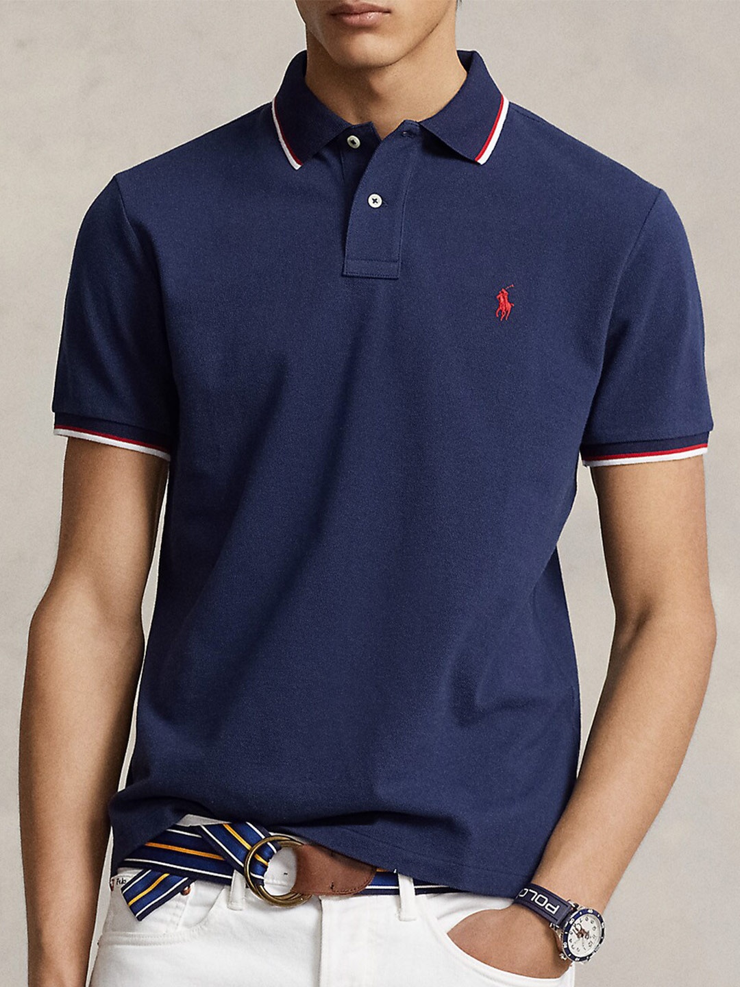 

Polo Ralph Lauren Brand Logo Embroidered Pure Cotton Custom Polo T-Shirt, Navy blue