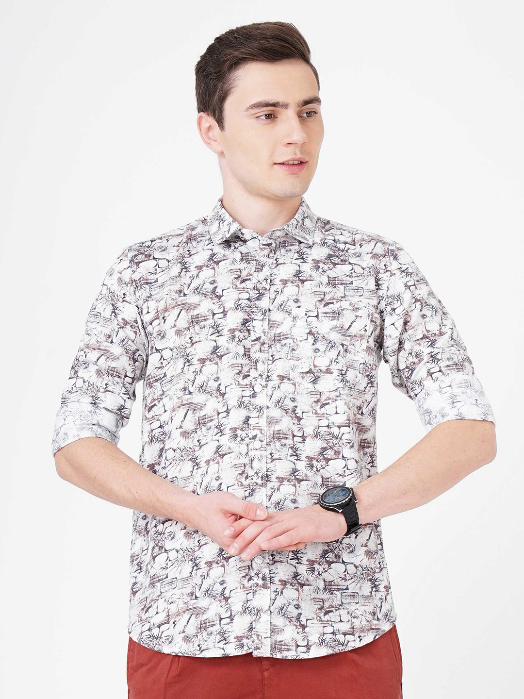 

SORATIA Abstract Printed Long Sleeves Slim Fit Cotton Casual Shirt, White