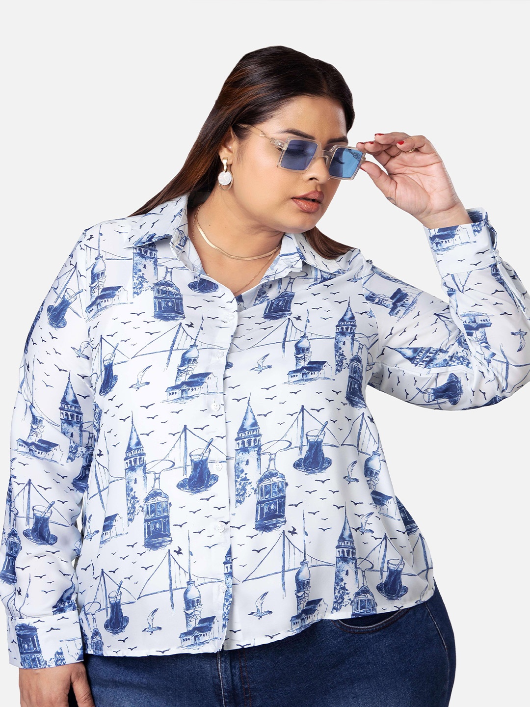 

NEOFAA Women White Opaque Printed Casual Shirt