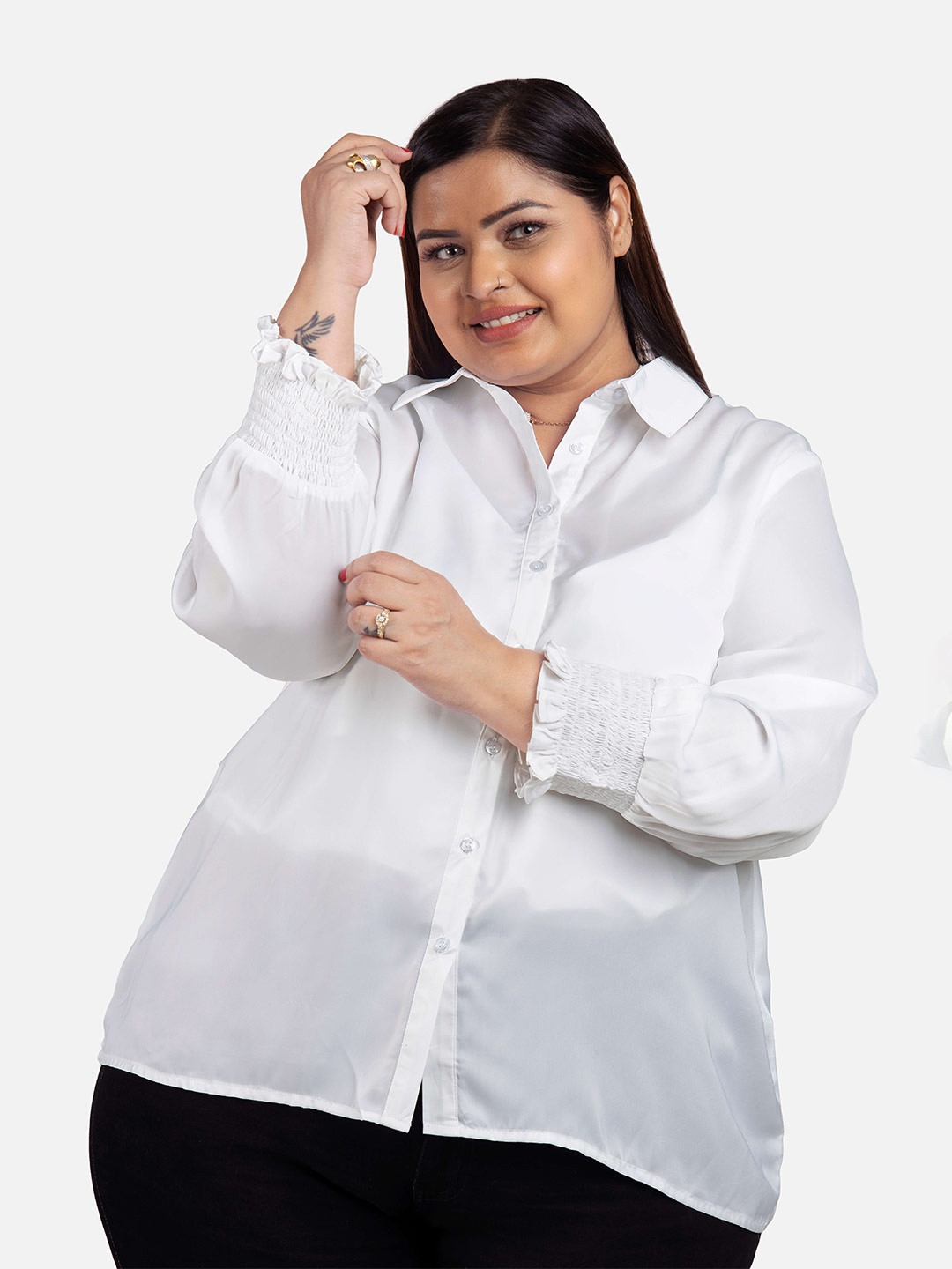 

NEOFAA Plus Size Spread Collar Semi Sheer Satin Casual Shirt, White