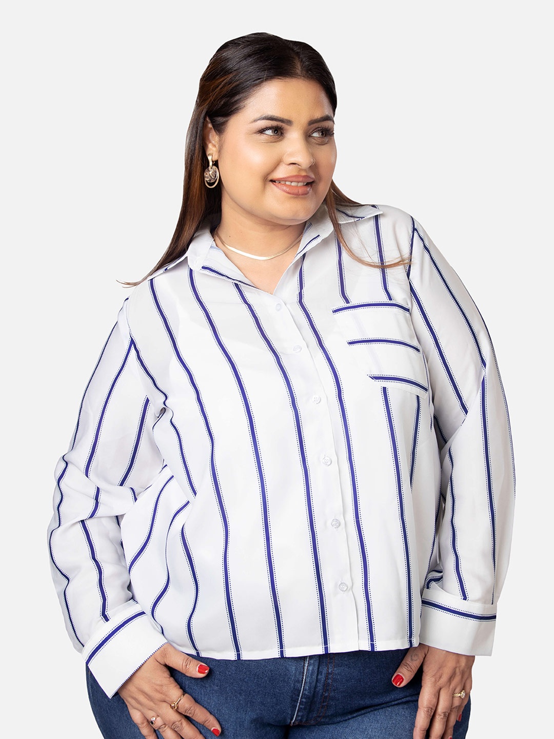 

NEOFAA Women White Opaque Striped Casual Shirt