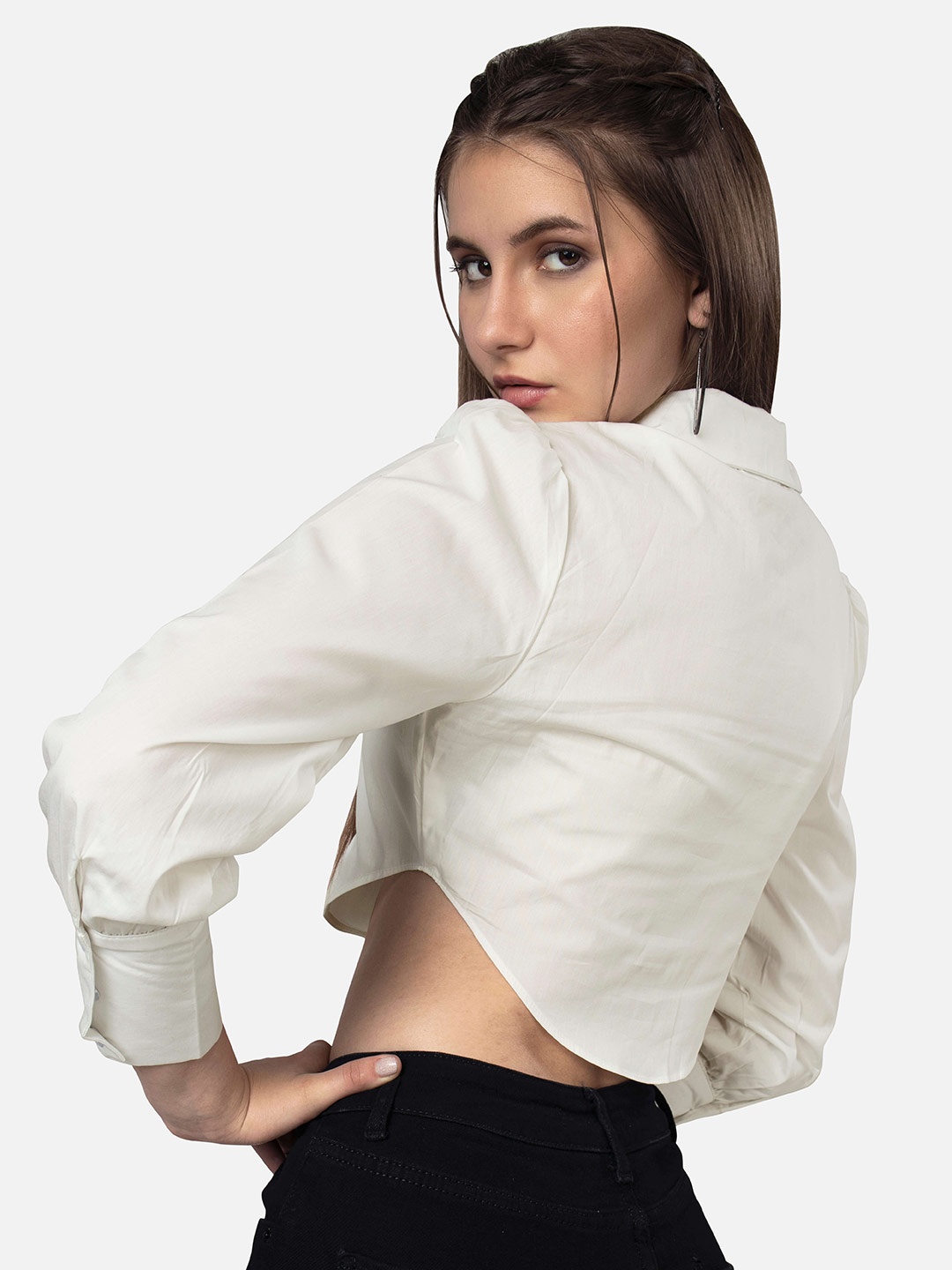 

NEOFAA Puffed Sleeves Semi Sheer Cotton Crop Shirt, White
