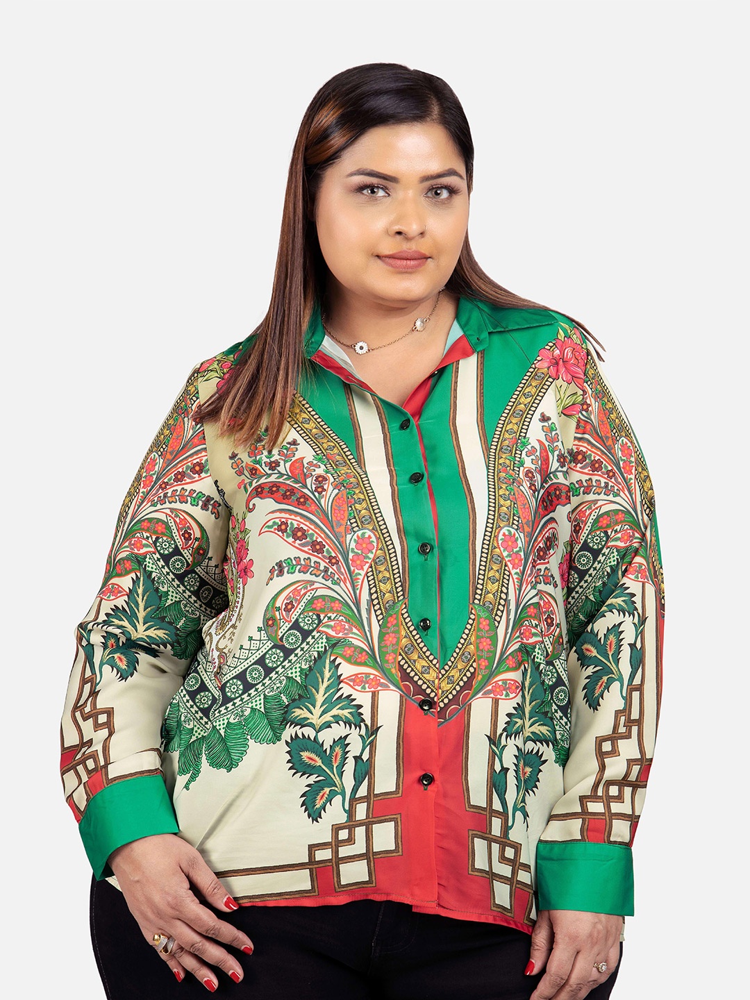

NEOFAA Plus Size Floral Printed Casual Shirt, Green
