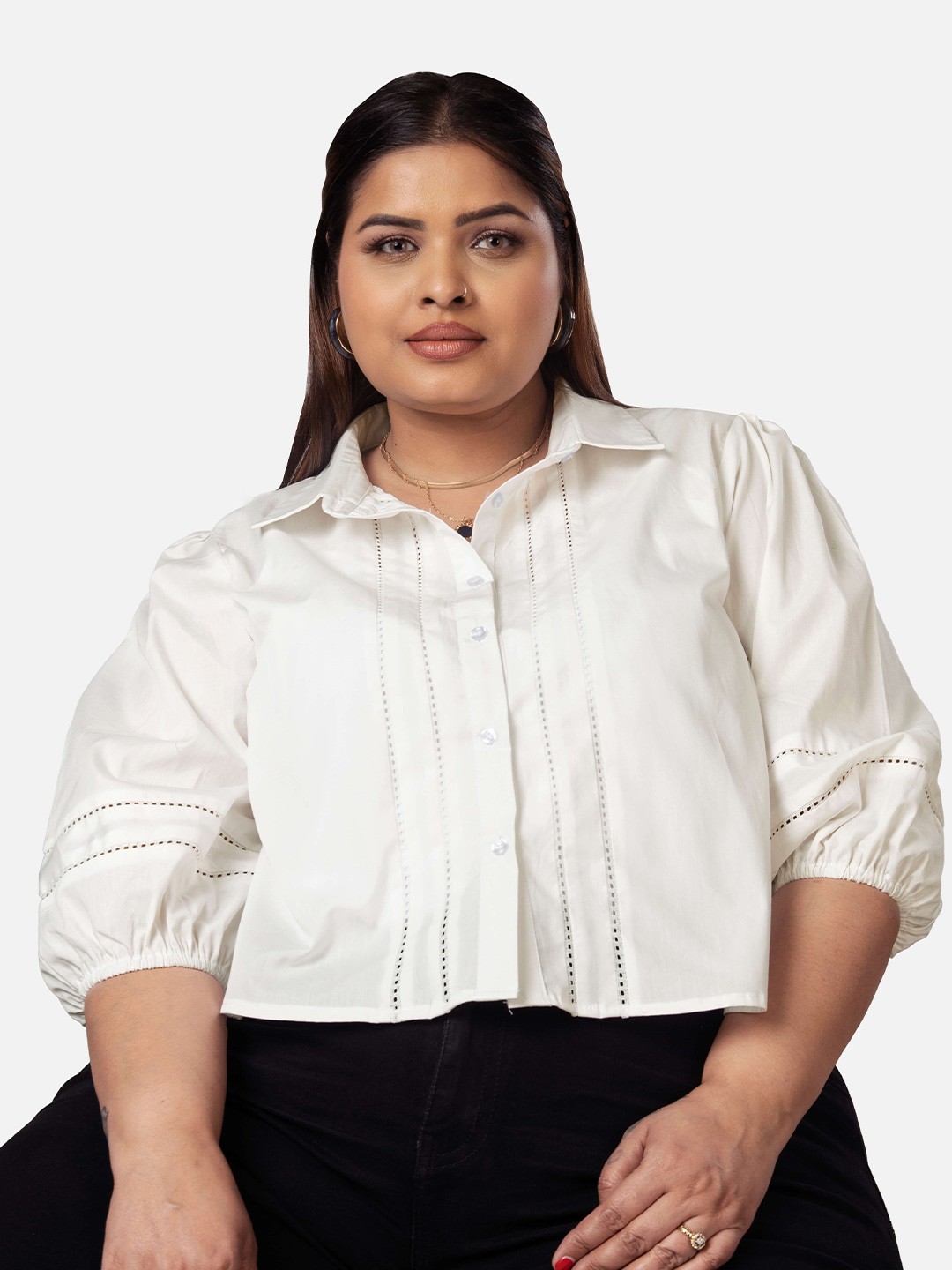 

NEOFAA Plus Size Puffed Sleeves Cut Outs Casual Shirt, White