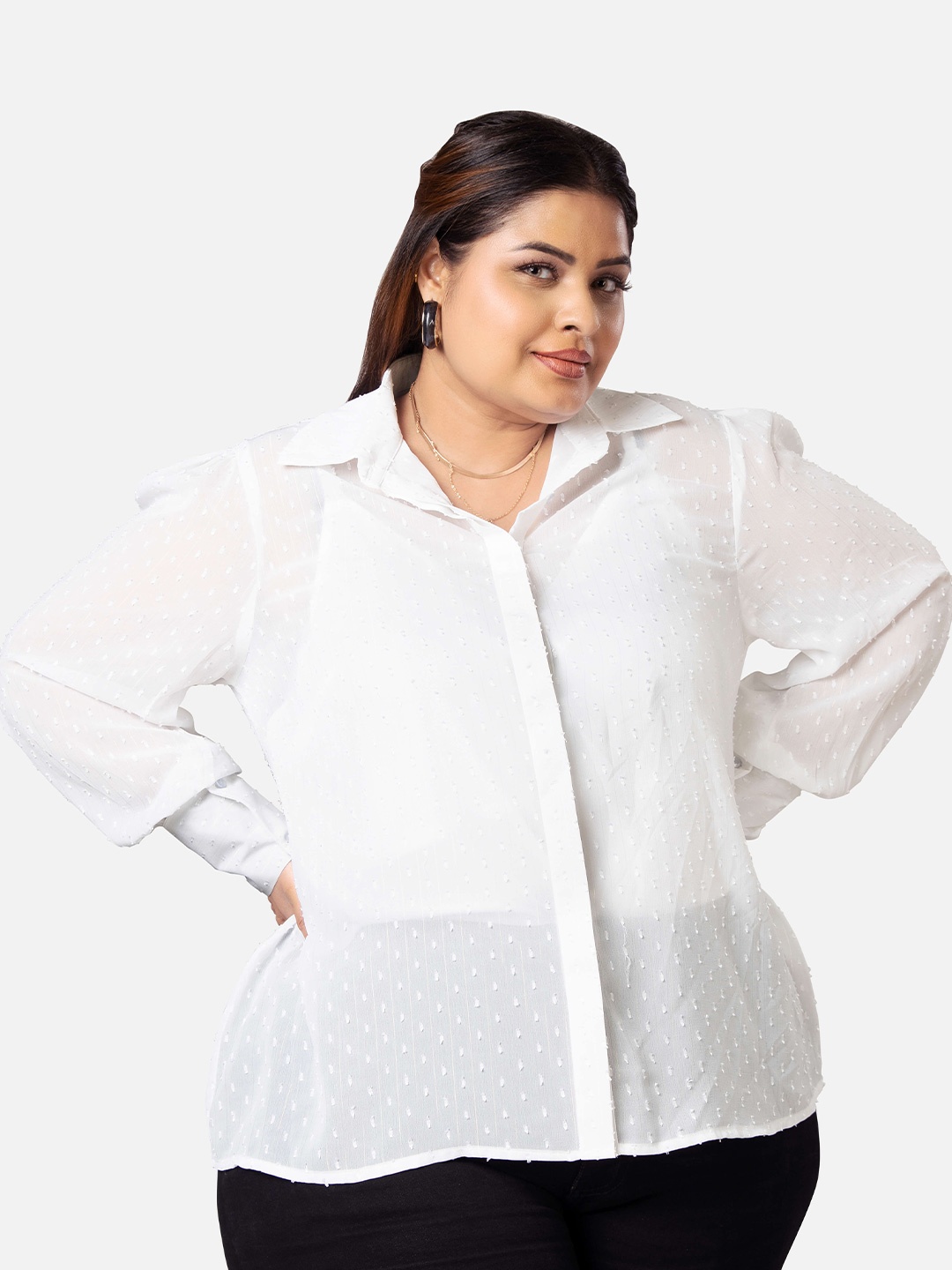 

NEOFAA Plus Size Self Design Semi Sheer Casual Shirt, White